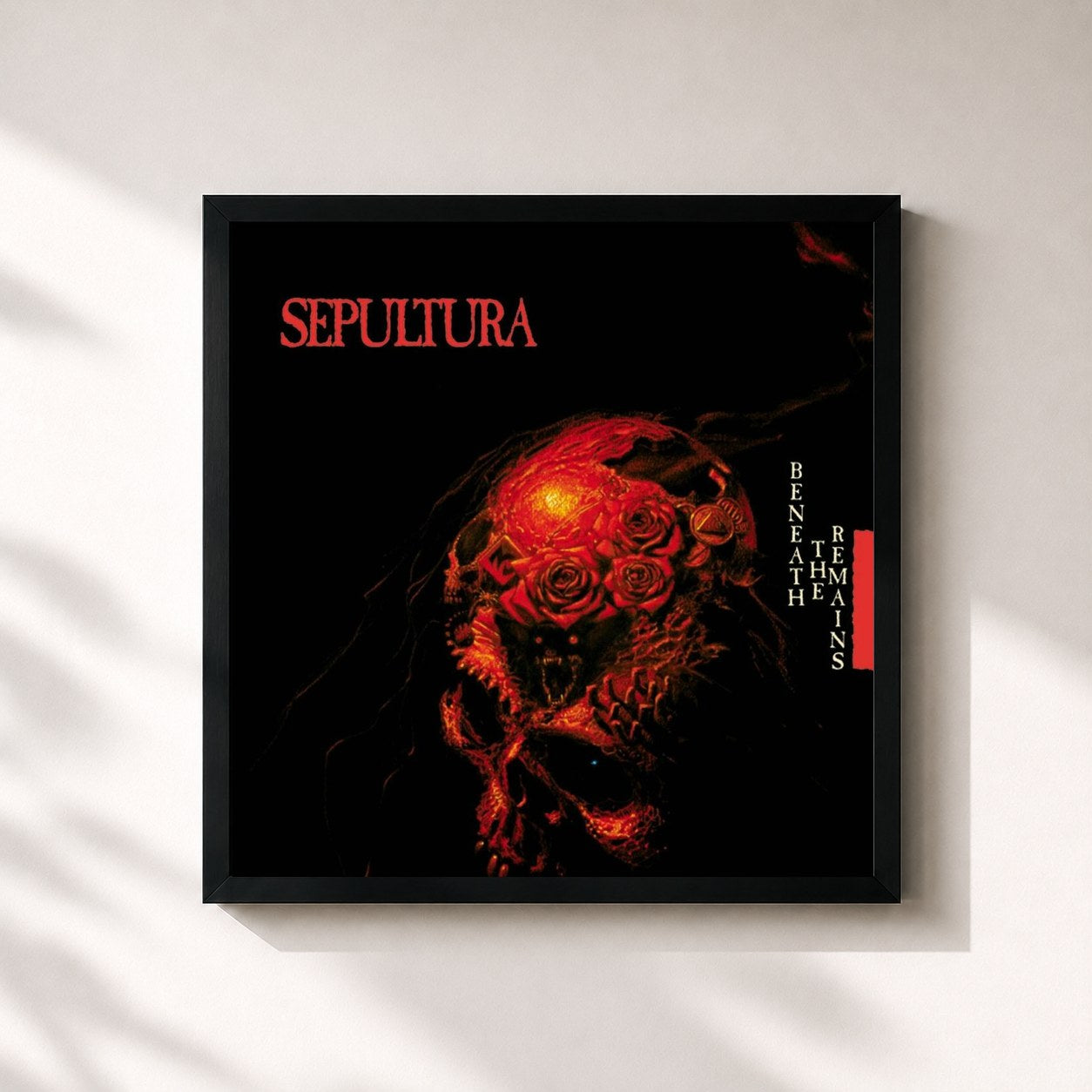 #noir Tableau carré de l'album Beneath the Remains de Sepultura, cadre noir 32x32 cm