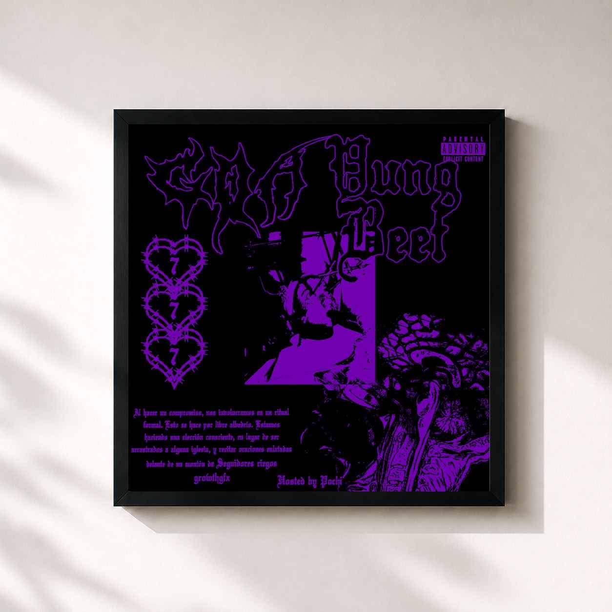 #noir Tableau carré de l'album Traumatismo Kraneoencefalico de Yung Beef, cadre noir 32x32 cm