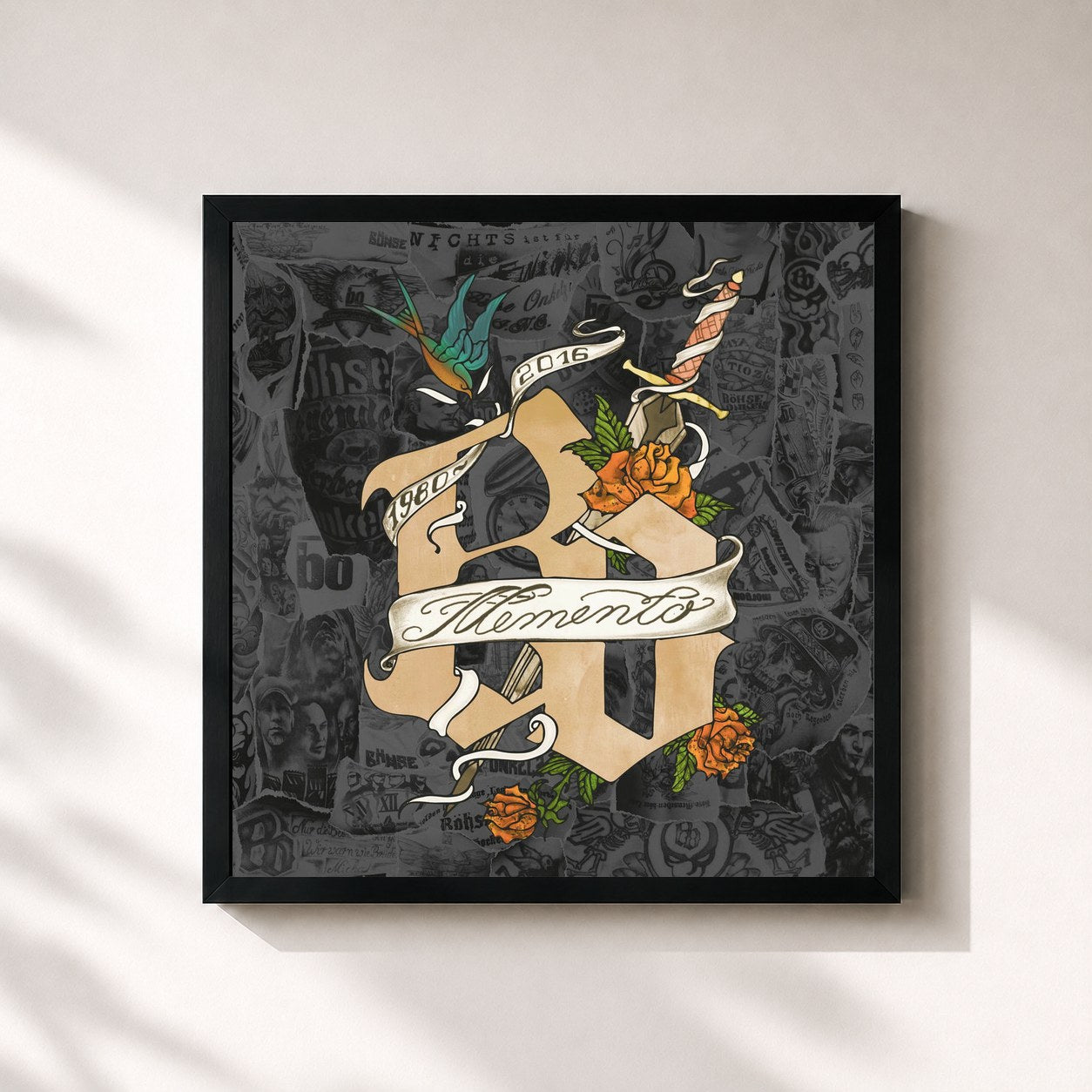 #noir Tableau carré de l'album Memento de Böhse Onkelz, cadre noir 32x32 cm