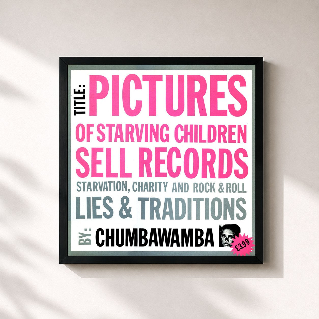 #noir Tableau carré de l'album Pictures of Starving Children de Chumbawamba, cadre noir 32x32 cm