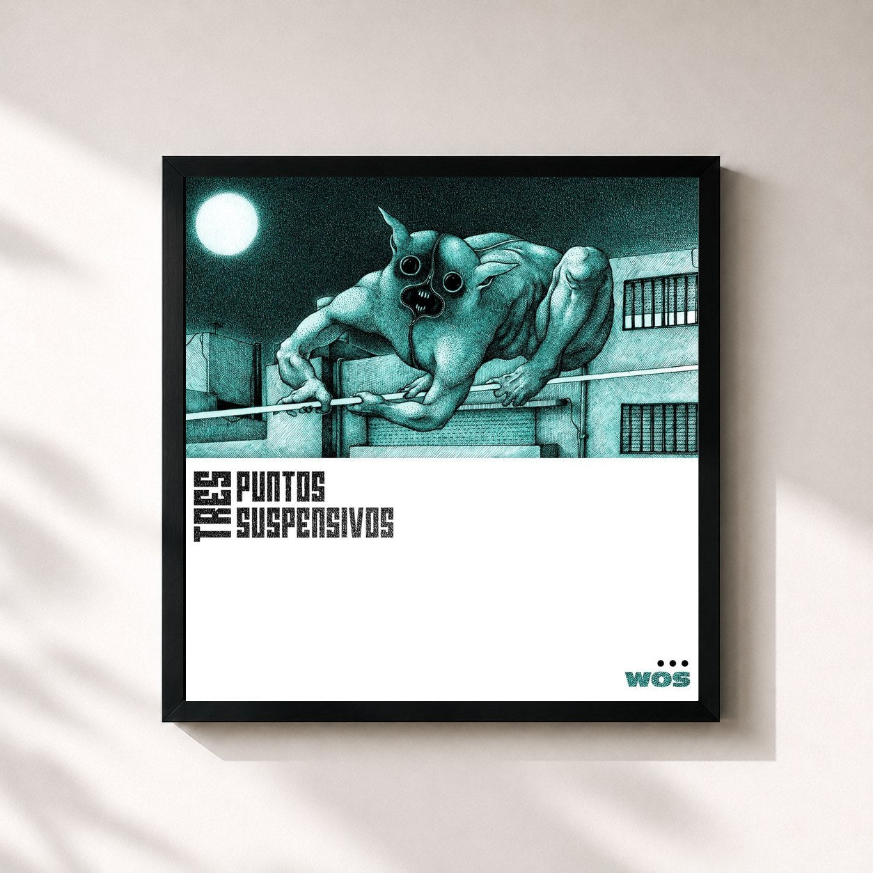 #noir Tableau carré de l'album TRES PUNTOS SUSPENSIVOS de Wos, cadre noir 32x32 cm