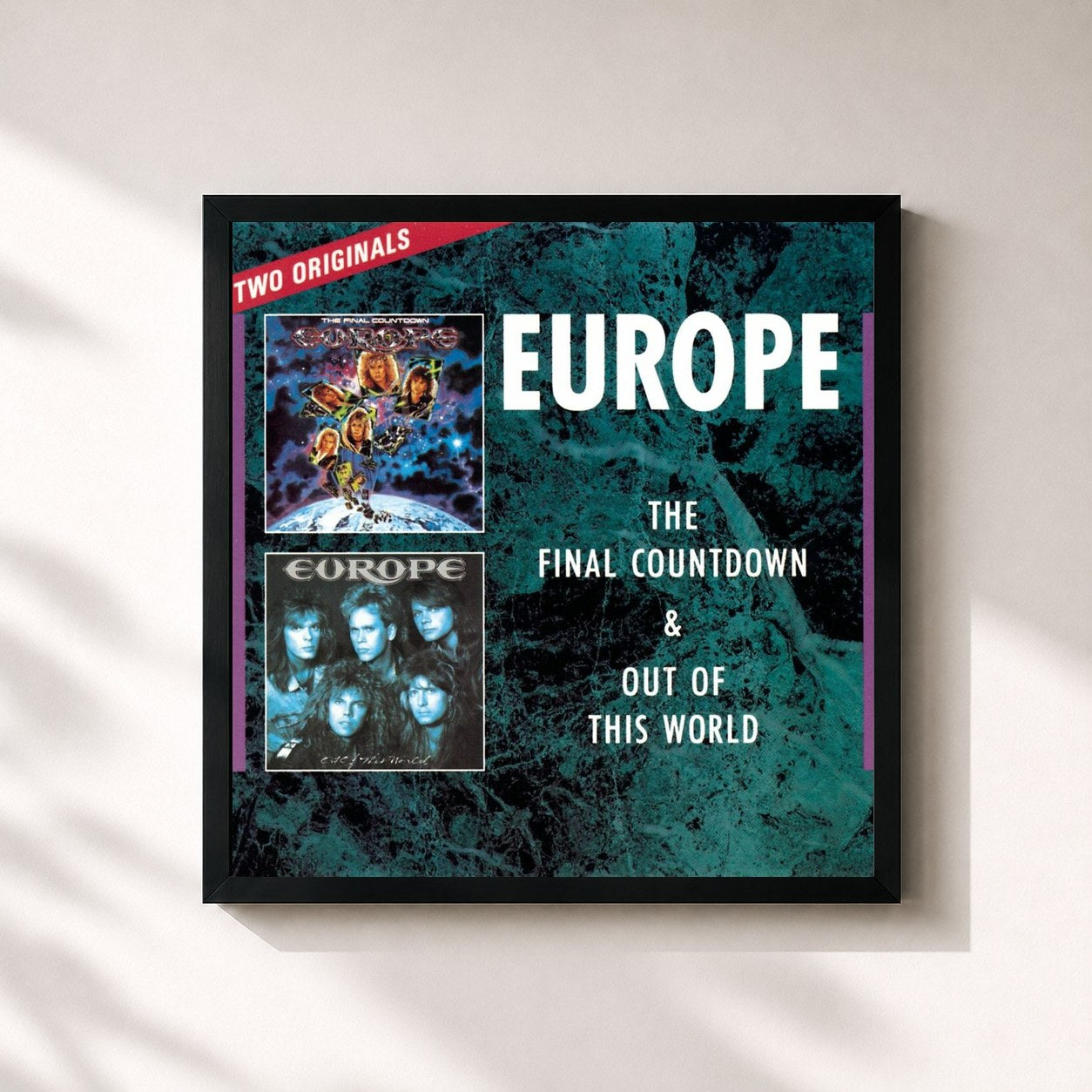 #noir Tableau carré de l'album The Final Countdown/ Out Of This World de Europe, cadre noir 32x32 cm