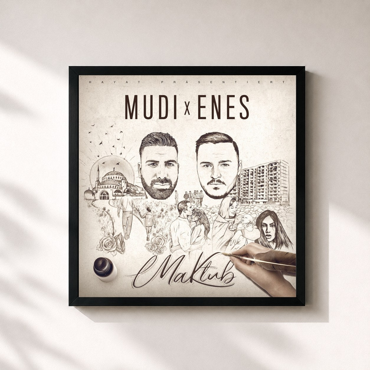 #noir Tableau carré de l'album Maktub de Mudi, cadre noir 32x32 cm