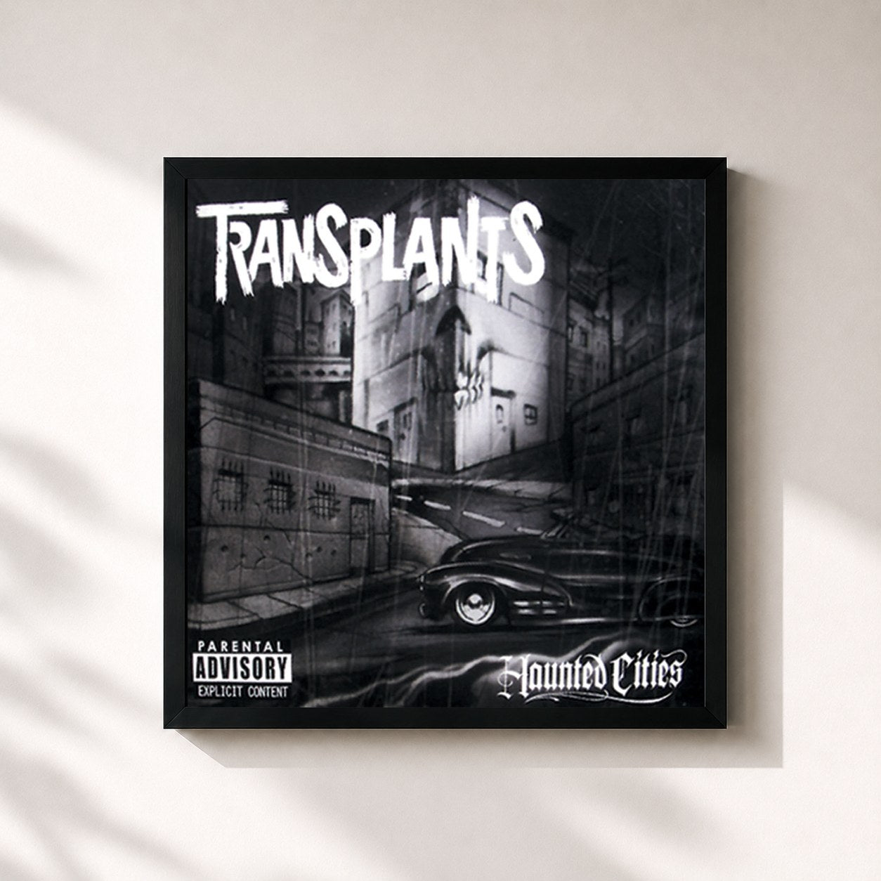 #noir Tableau carré de l'album Haunted Cities de Transplants, cadre noir 32x32 cm