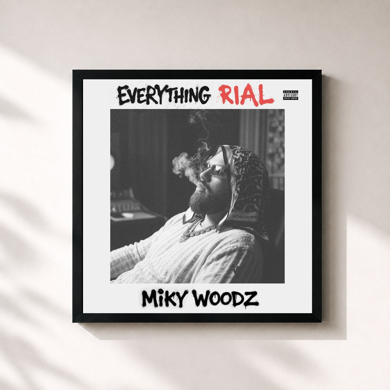 #noir Tableau carré de l'album Everything RiaL de Miky Woodz, cadre noir 32x32 cm