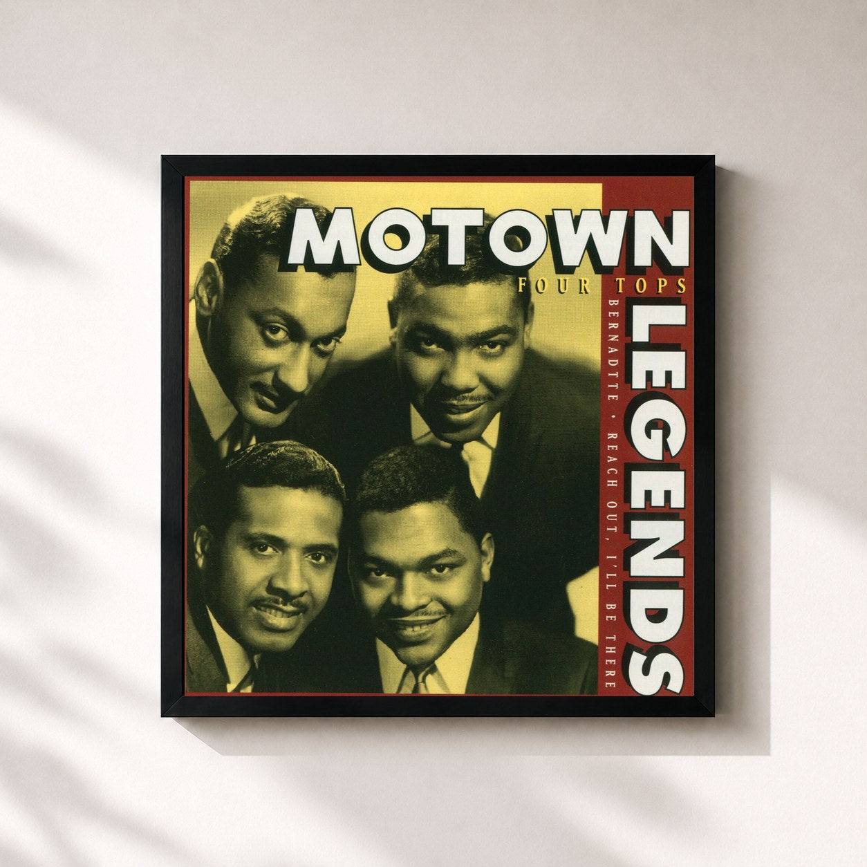 #noir Tableau carré de l'album Motown Legends: Bernadette de Four Tops, cadre noir 32x32 cm