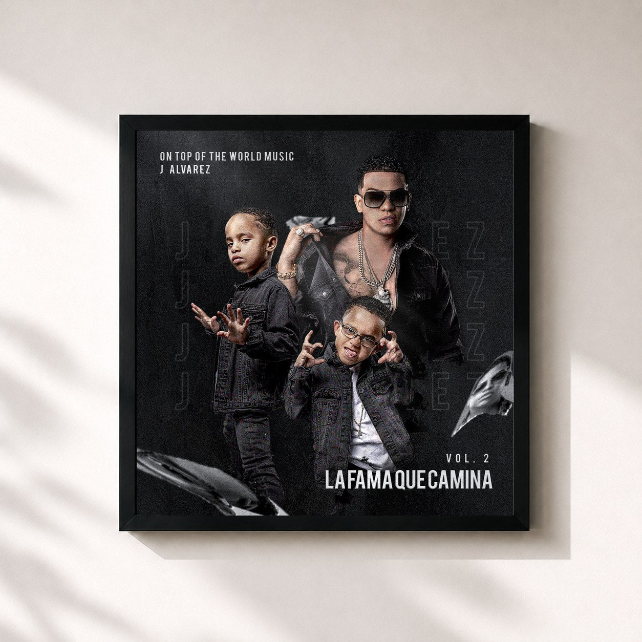 #noir Tableau carré de l'album La Fama Que Camina, Vol. 2 de J Alvarez, cadre noir 32x32 cm
