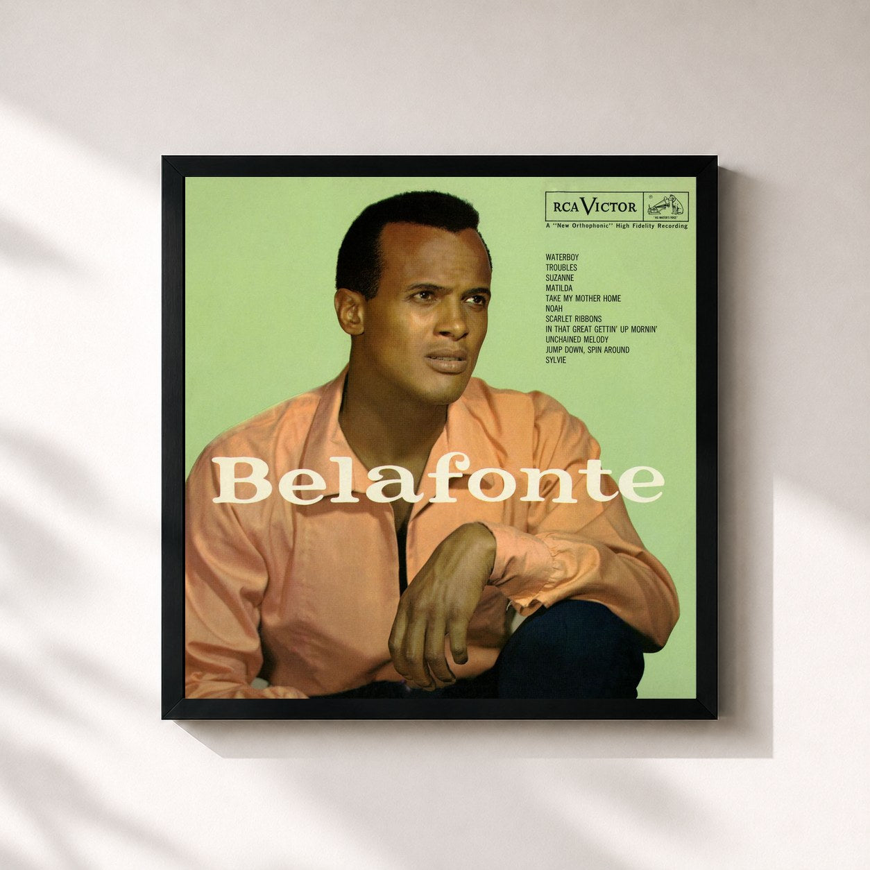 #noir Tableau carré de l'album Belafonte de Harry Belafonte, cadre noir 32x32 cm