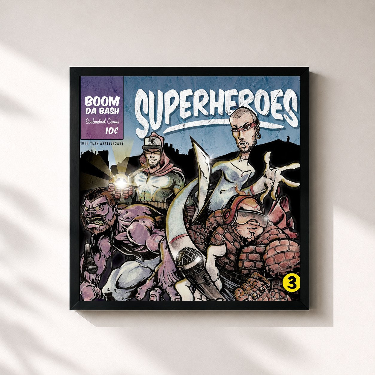 #noir Tableau carré de l'album Superheroes de BoomDaBash, cadre noir 32x32 cm