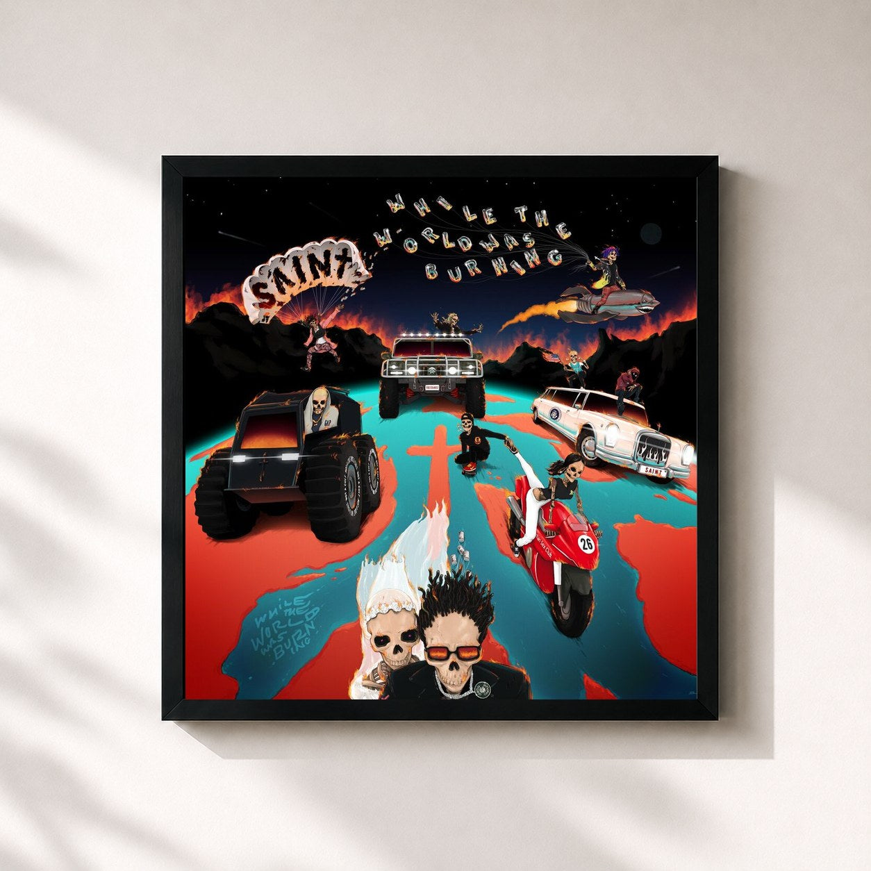 #noir Tableau carré de l'album While The World Was Burning de SAINt JHN, cadre noir 32x32 cm