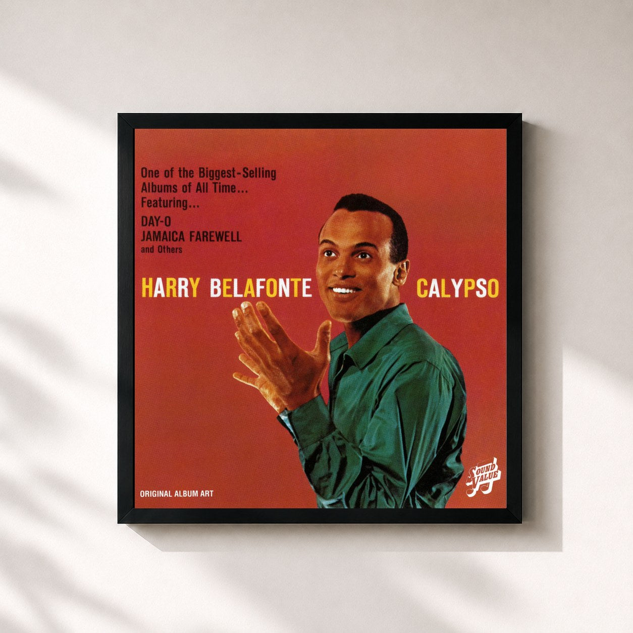 #noir Tableau carré de l'album Calypso de Harry Belafonte, cadre noir 32x32 cm
