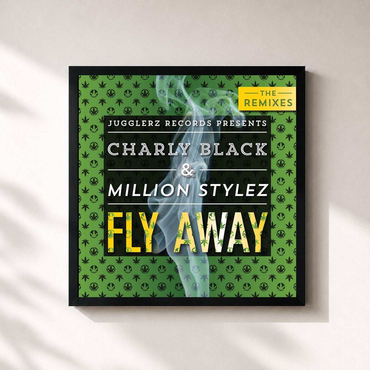 #noir Tableau carré de l'album Fly Away (Remixes) de Charly Black, cadre noir 32x32 cm