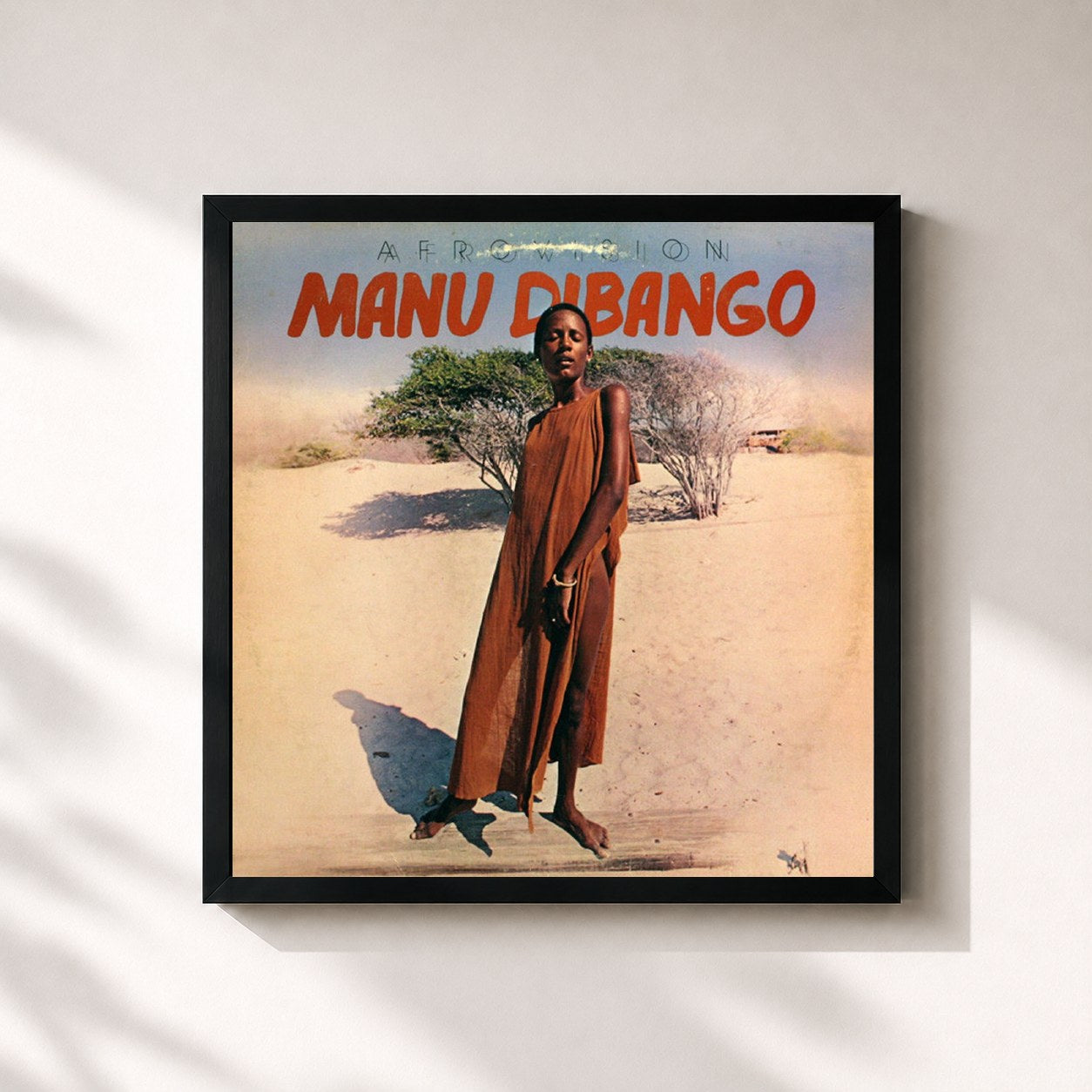 #noir Tableau carré de l'album Afrovision de Manu Dibango, cadre noir 32x32 cm