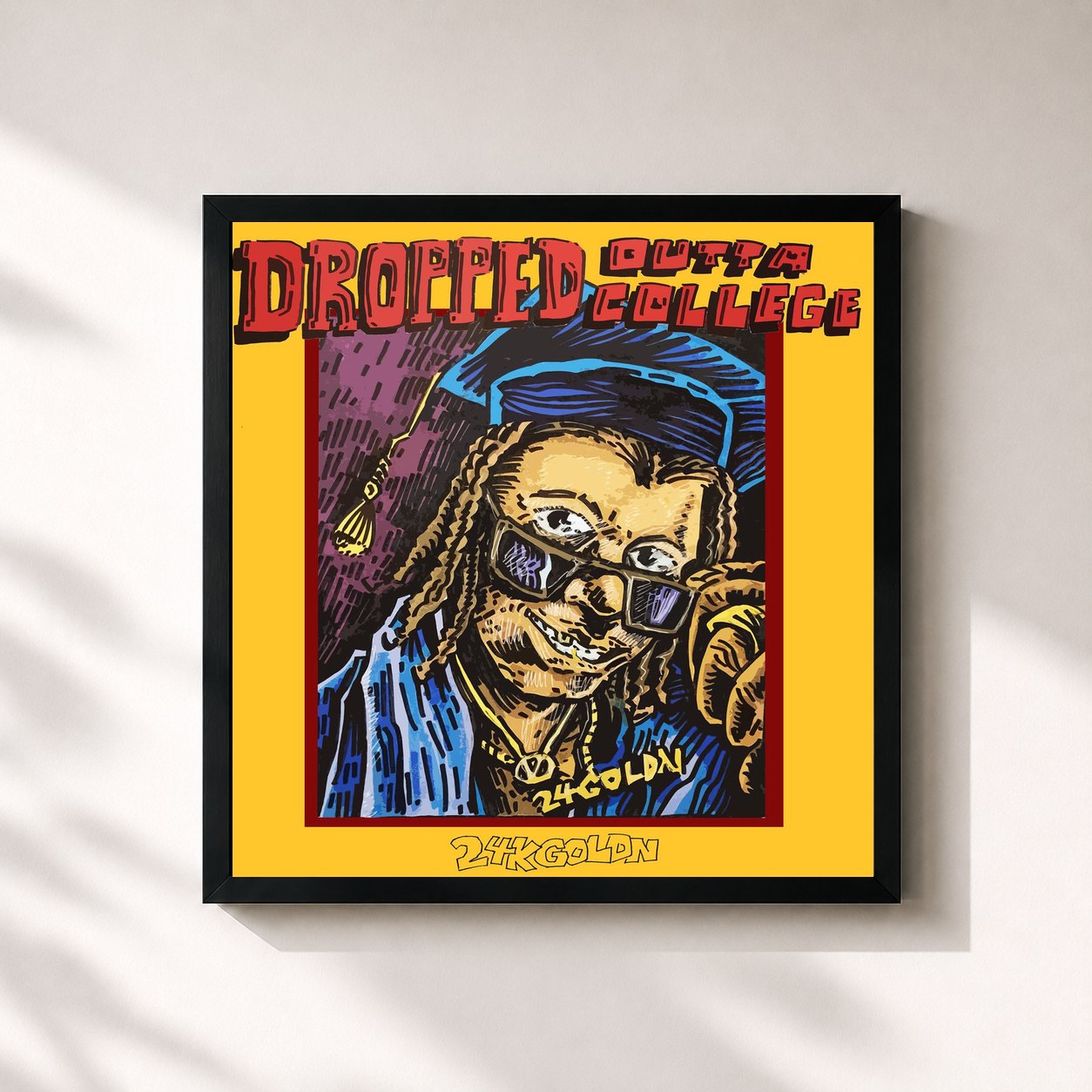 #noir Tableau carré de l'album DROPPED OUTTA COLLEGE de 24kgoldn, cadre noir 32x32 cm