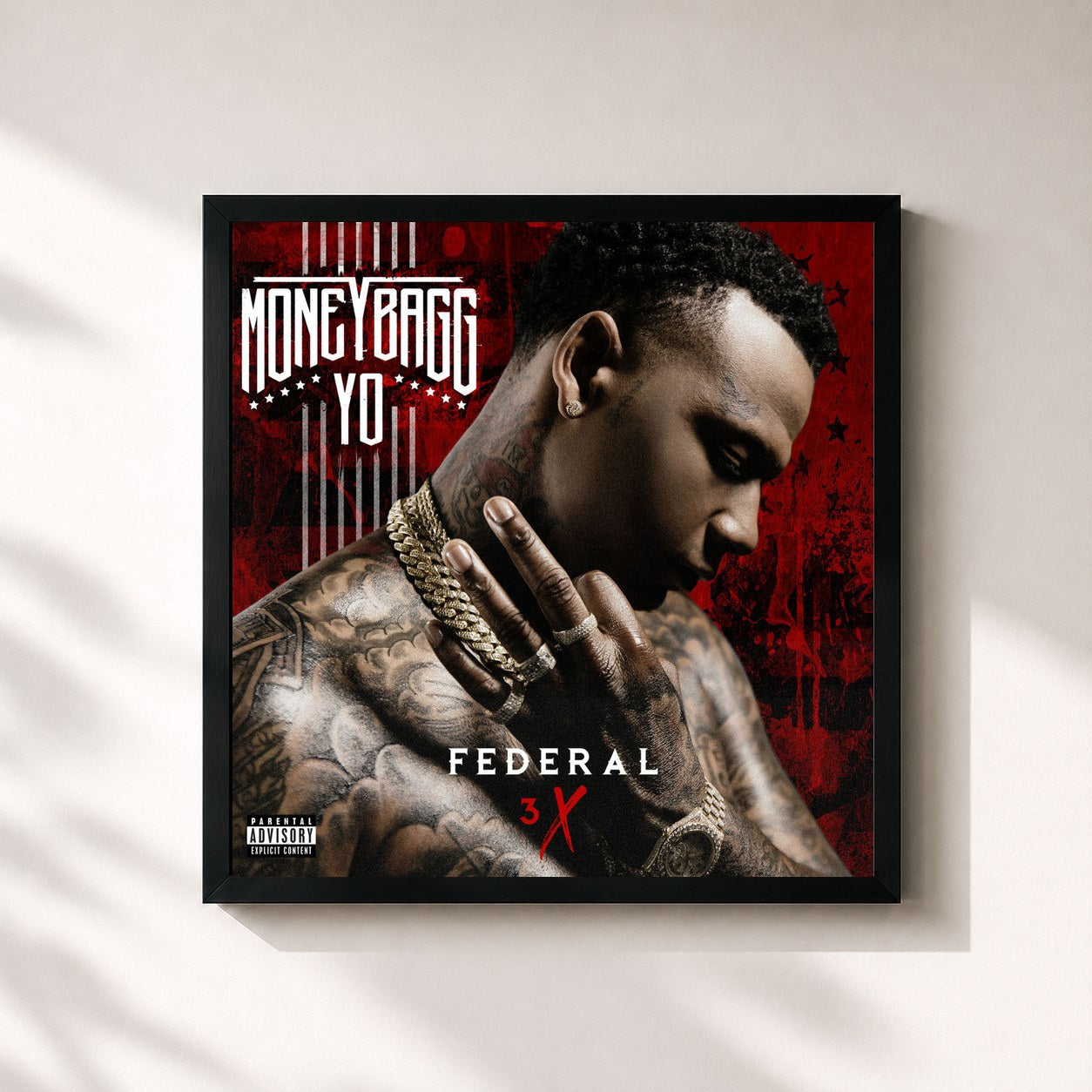 #noir Tableau carré de l'album Federal 3X de Moneybagg Yo, cadre noir 32x32 cm