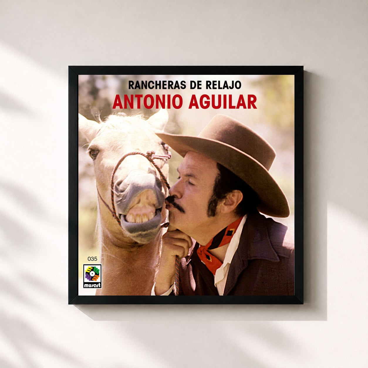 #noir Tableau carré de l'album Rancheras de Relajo de Antonio Aguilar, cadre noir 32x32 cm