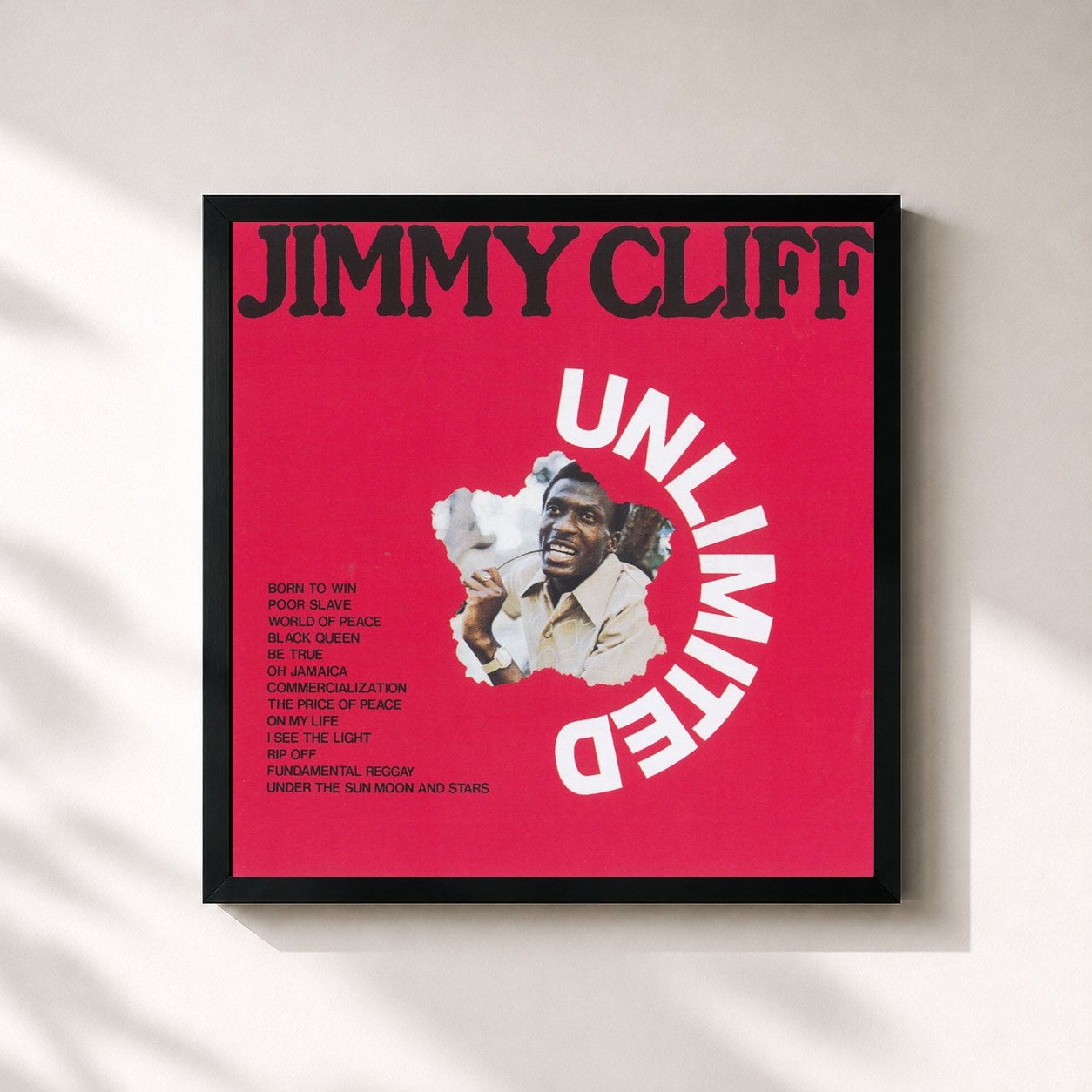 #noir Tableau carré de l'album Unlimited de Jimmy Cliff, cadre noir 32x32 cm