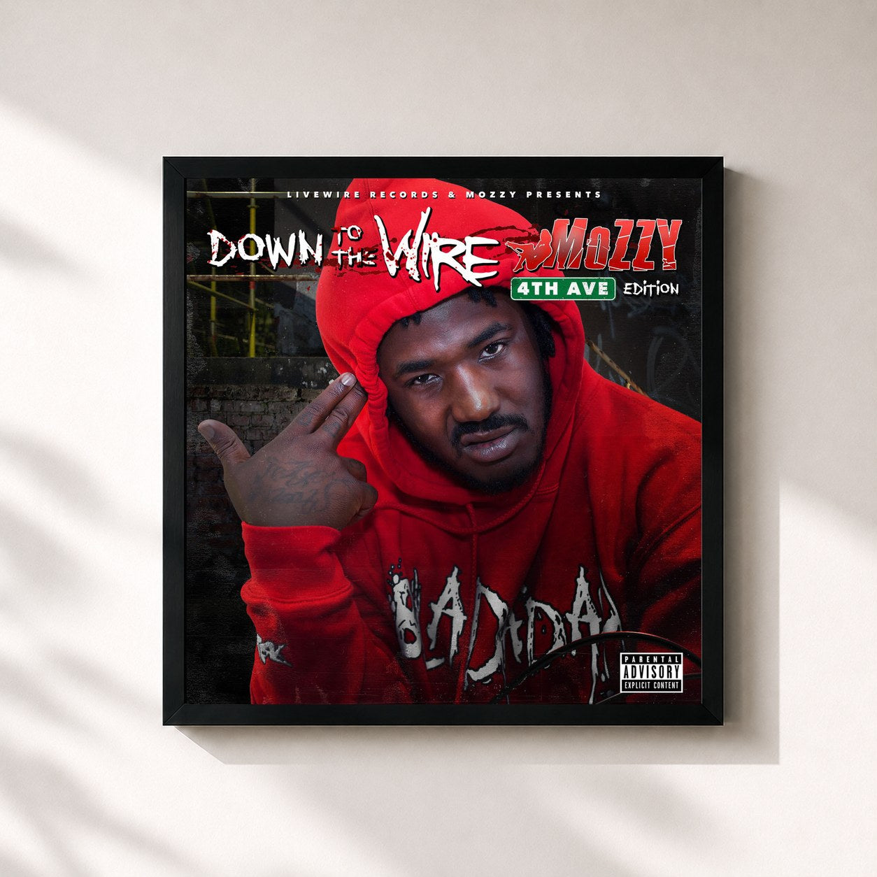 #noir Tableau carré de l'album Down to the Wire: 4th Ave Edition de Mozzy, cadre noir 32x32 cm
