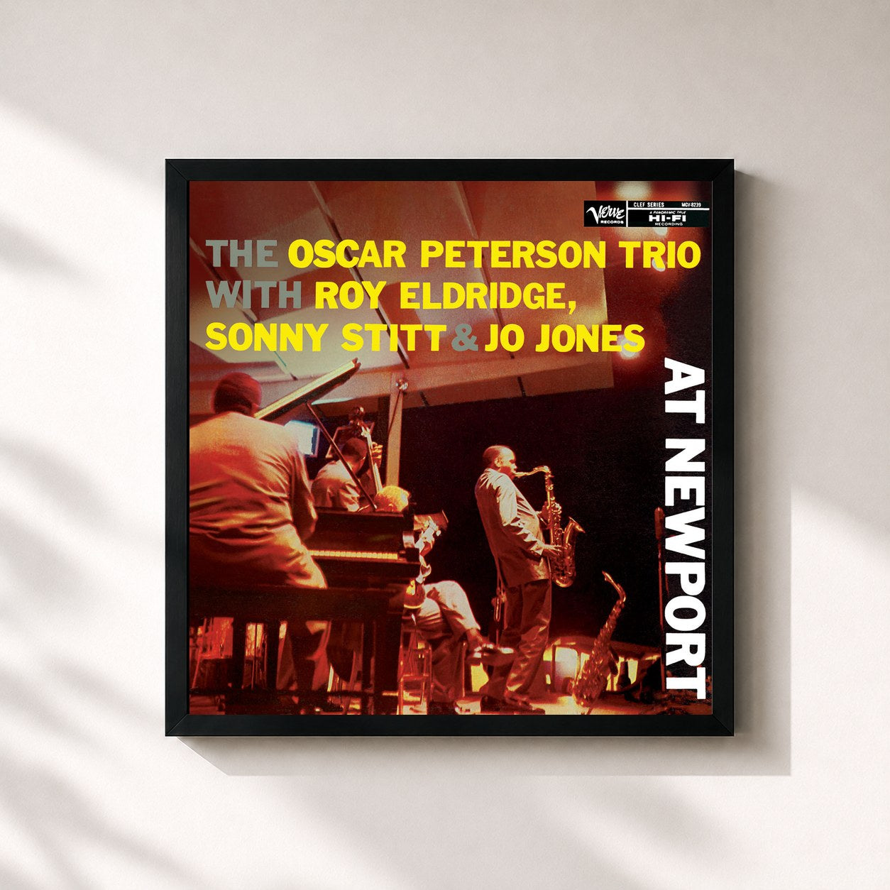 #noir Tableau carré de l'album At Newport de Oscar Peterson, cadre noir 32x32 cm
