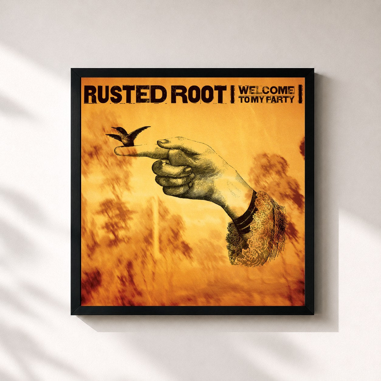 #noir Tableau carré de l'album Welcome To Our Party de Rusted Root, cadre noir 32x32 cm