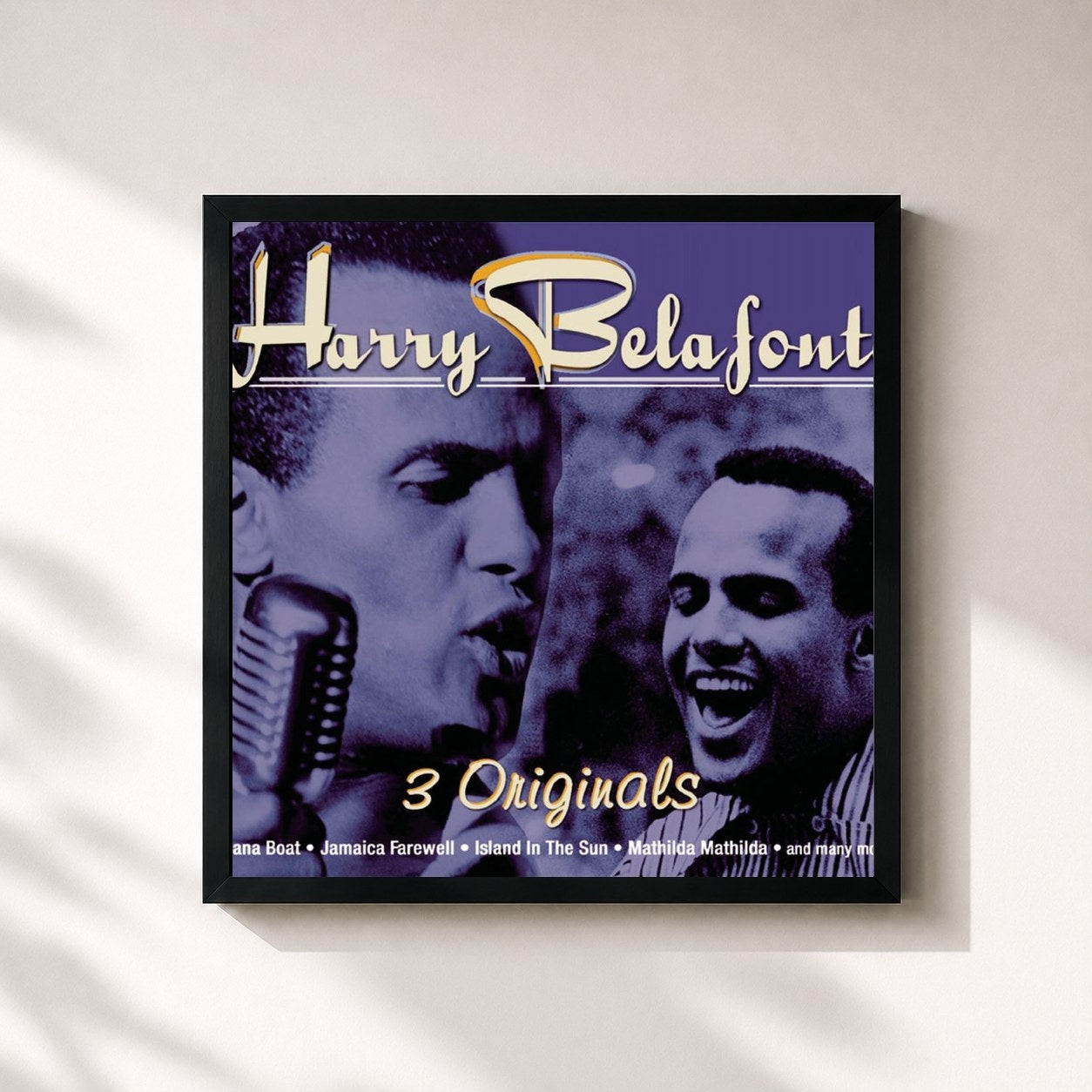 #noir Tableau carré de l'album 3 Originals de Harry Belafonte, cadre noir 32x32 cm