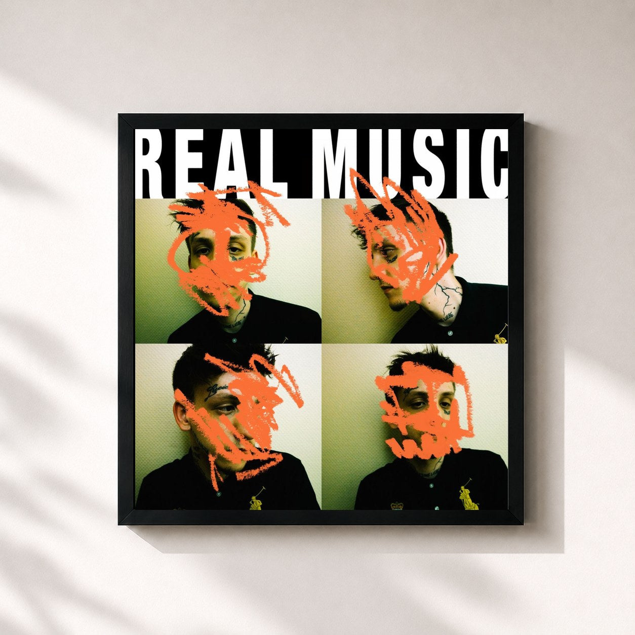 #noir Tableau carré de l'album REAL MUSIC de T-low, cadre noir 32x32 cm