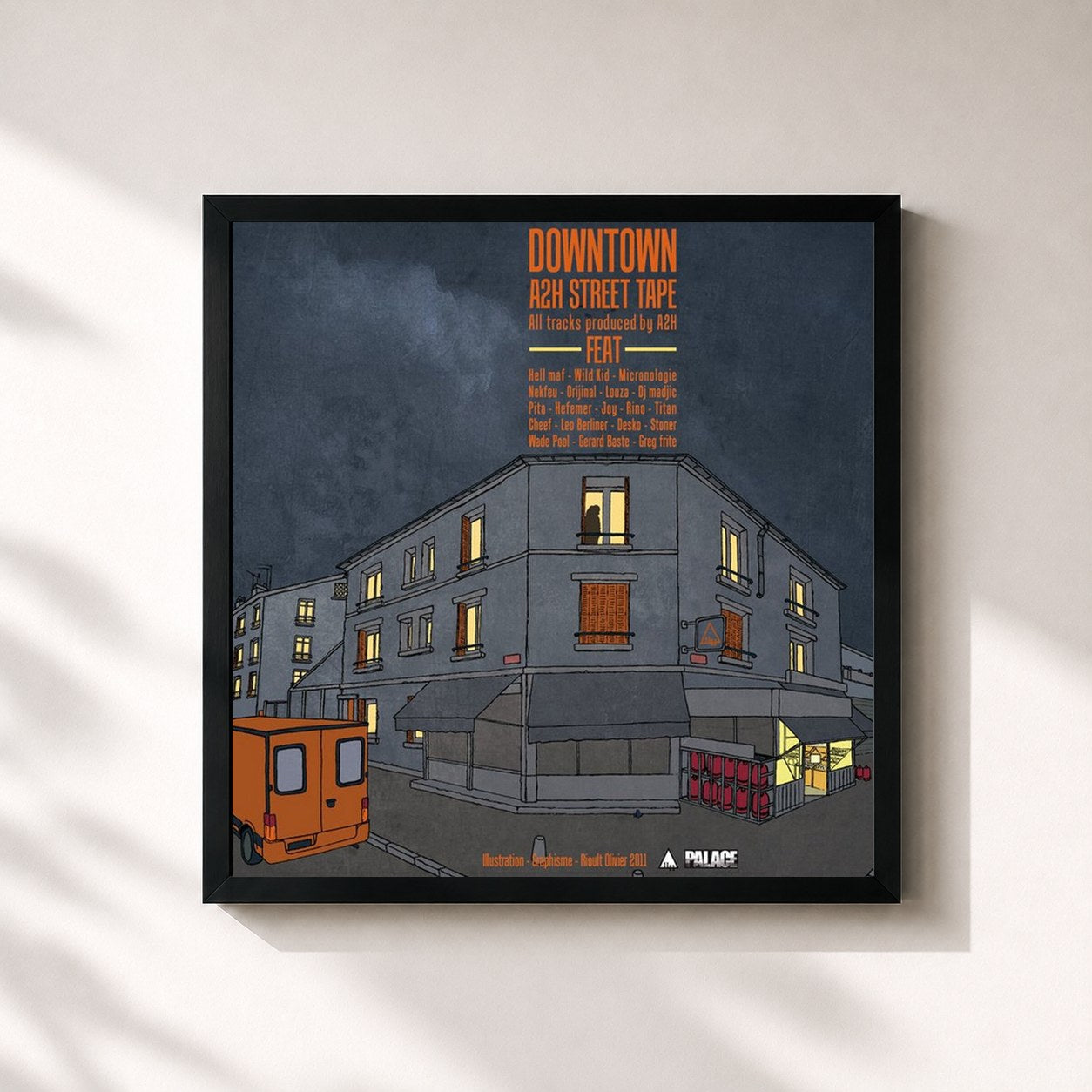#noir Tableau carré de l'album Downtown Street Tape de A2H, cadre noir 32x32 cm