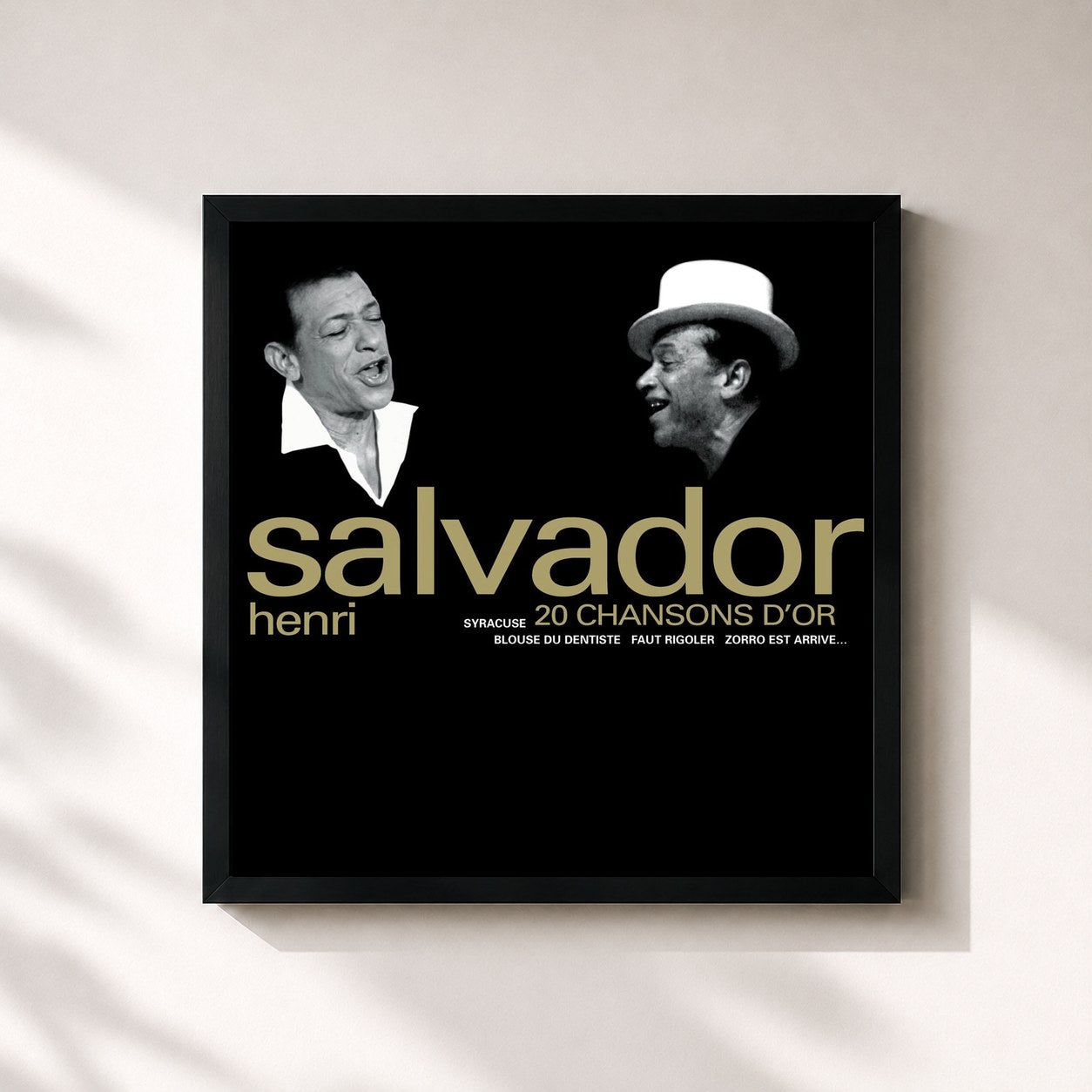 #noir Tableau carré de l'album 20 chansons d'or de Henri Salvador, cadre noir 32x32 cm