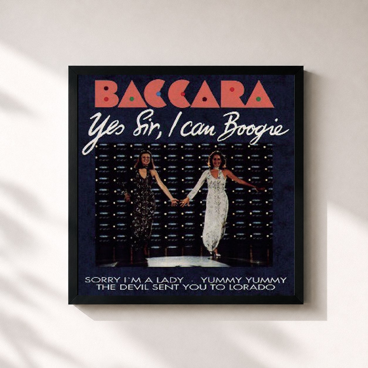 #noir Tableau carré de l'album Yes Sir, I Can Boogie de Baccara, cadre noir 32x32 cm