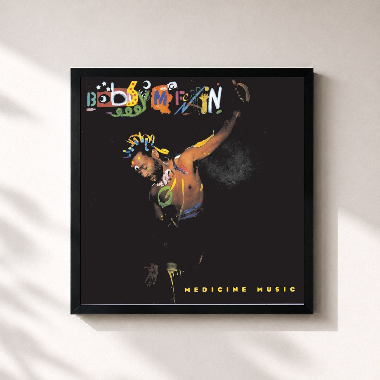 #noir Tableau carré de l'album Medicine Music de Bobby McFerrin, cadre noir 32x32 cm