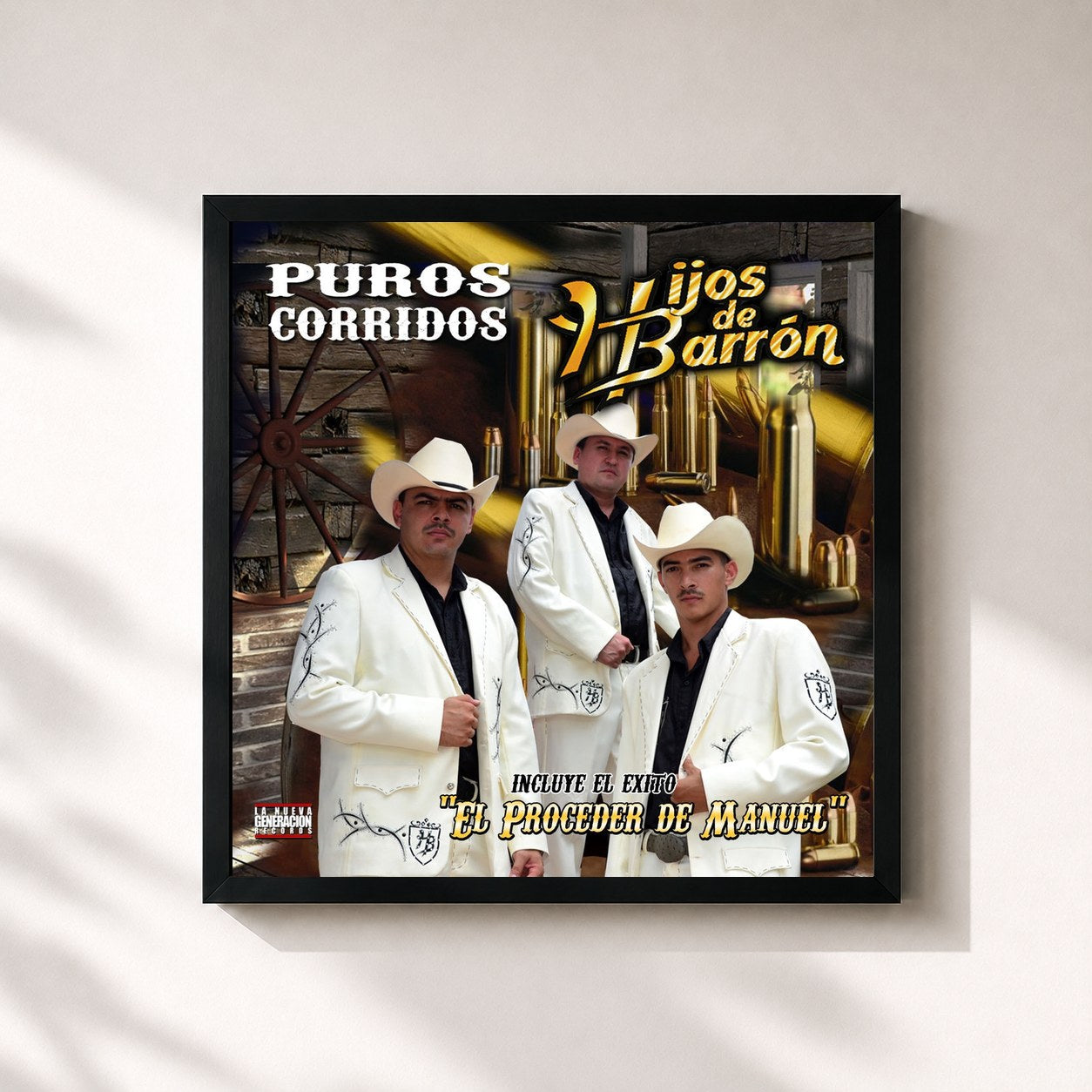 #noir Tableau carré de l'album Puros Corridos de Hijos De Barron, cadre noir 32x32 cm