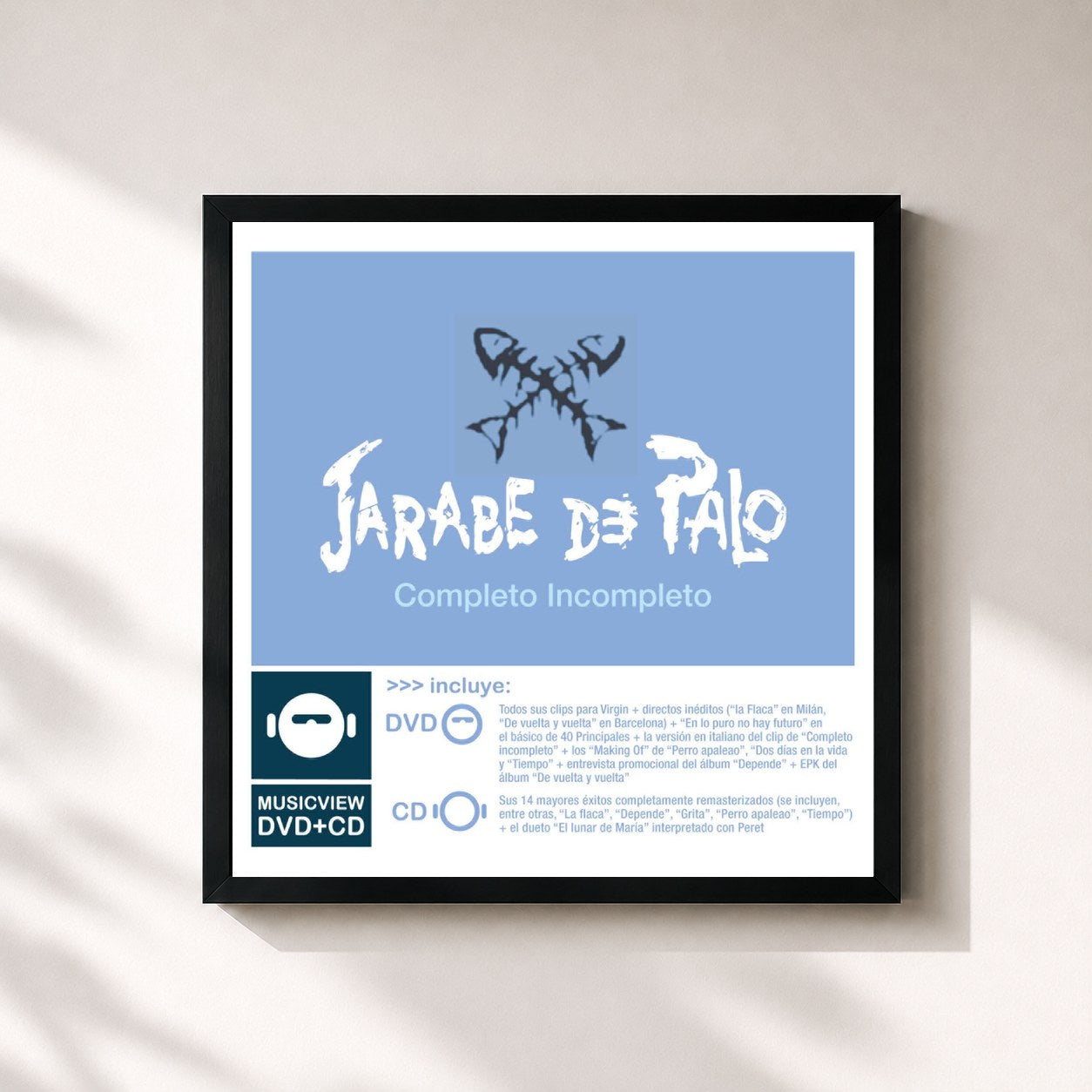 #noir Tableau carré de l'album Completo Incompleto de Jarabe de Palo, cadre noir 32x32 cm