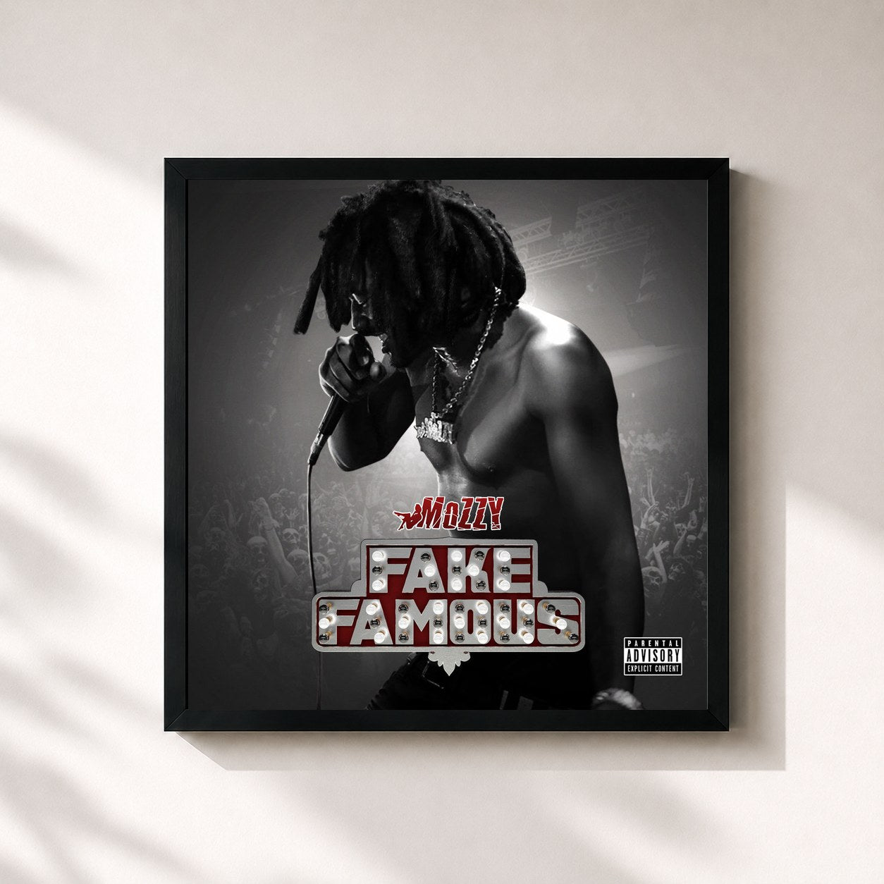 #noir Tableau carré de l'album Fake Famous de Mozzy, cadre noir 32x32 cm