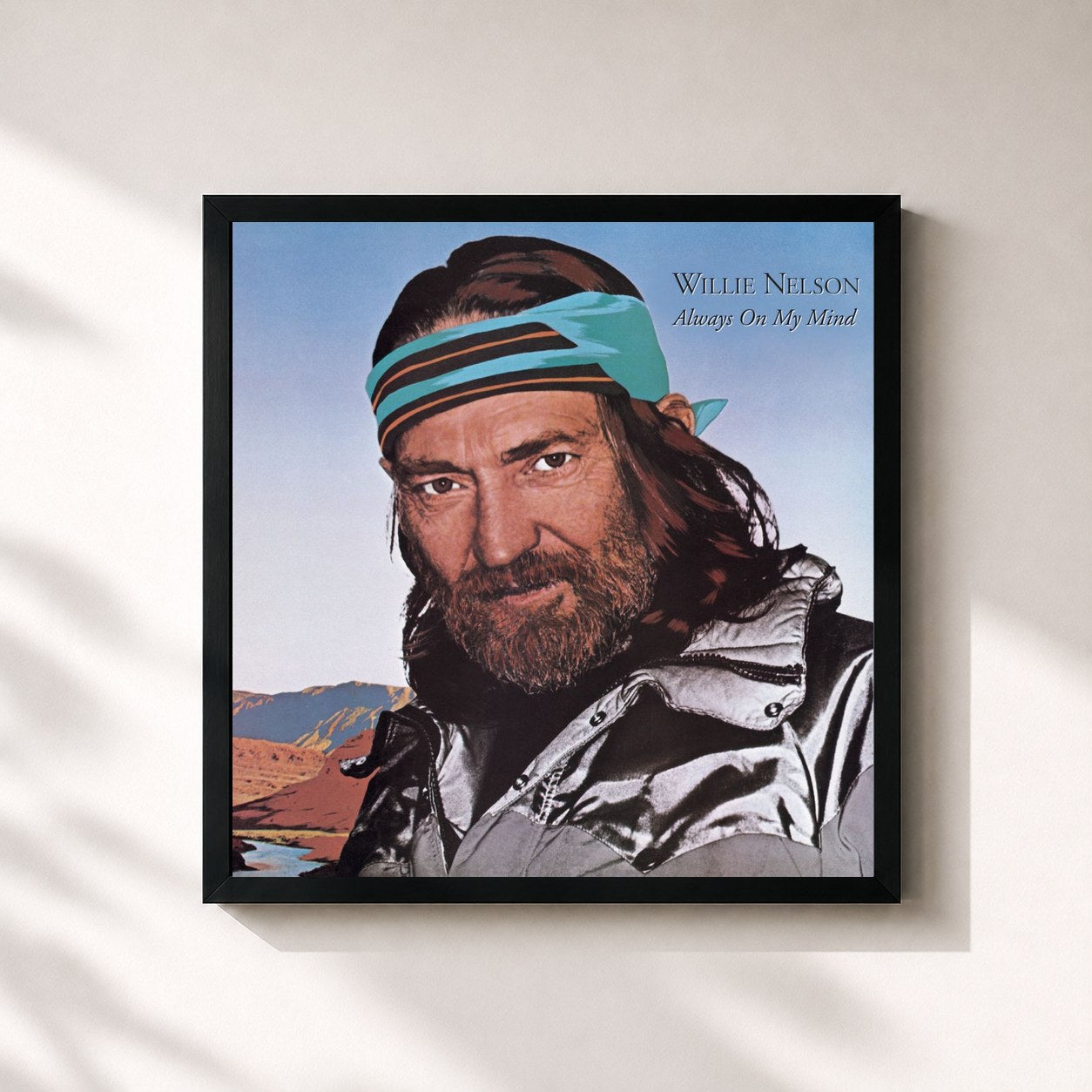 #noir Tableau carré de l'album Always On My Mind de Willie Nelson, cadre noir 32x32 cm