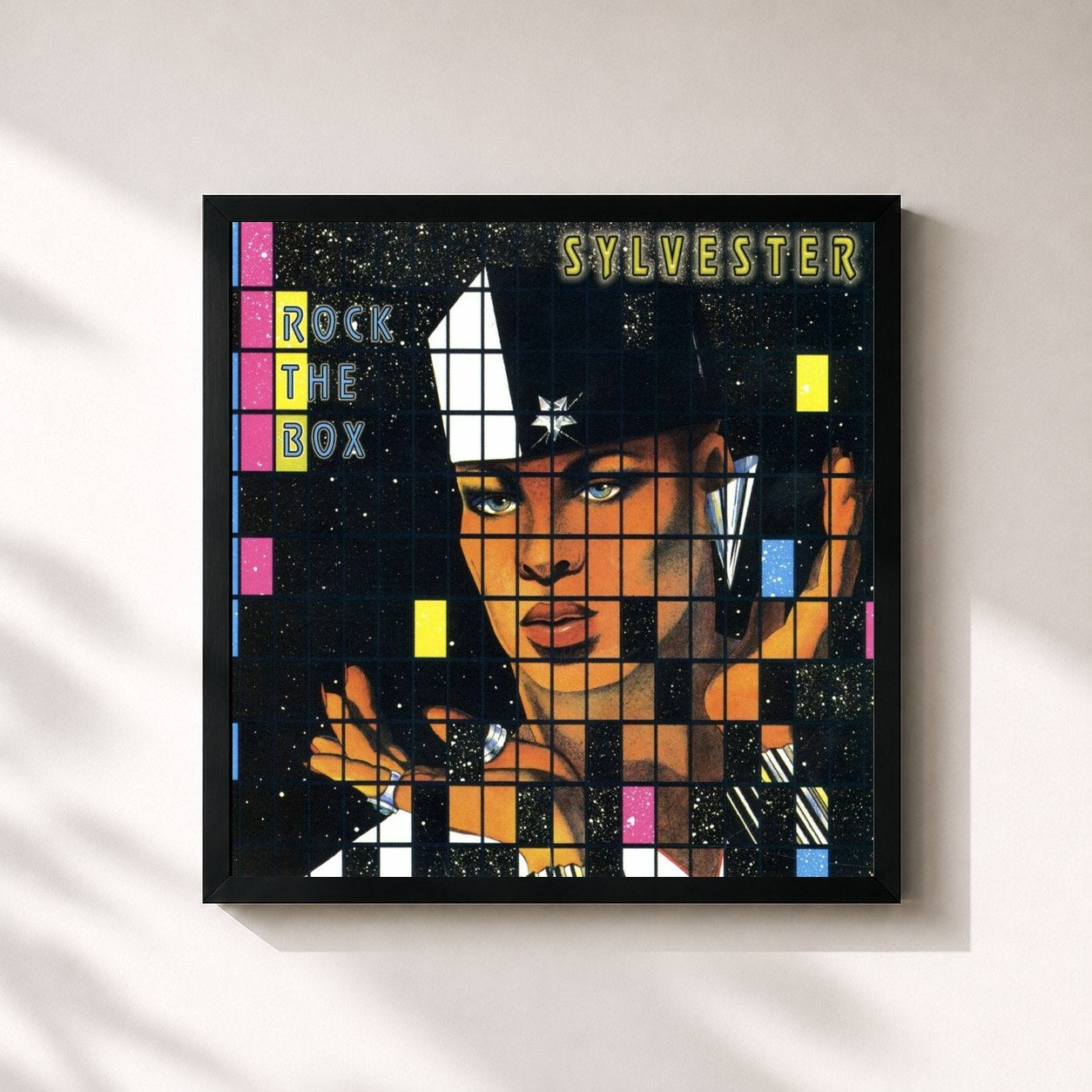 #noir Tableau carré de l'album Rock the Box de Sylvester, cadre noir 32x32 cm