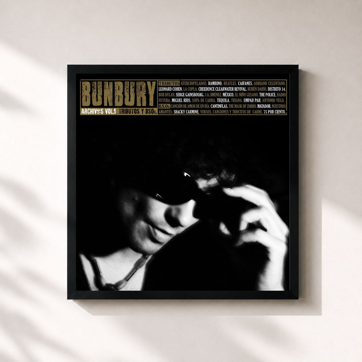 #noir Tableau carré de l'album Archivos Vol. 1: Tributos y BSOs de Bunbury, cadre noir 32x32 cm