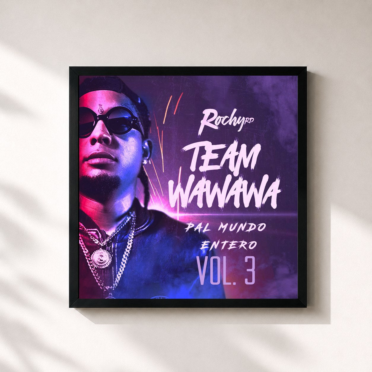 #noir Tableau carré de l'album Team Wa Wa Wa Pal Mundo Entero Vol. 3 de Rochy RD, cadre noir 32x32 cm