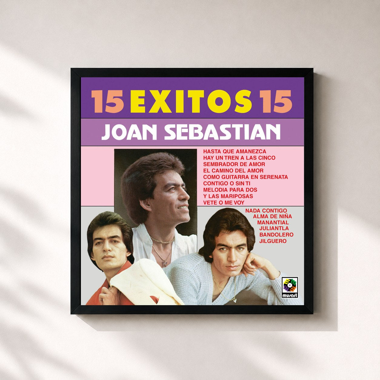 #noir Tableau carré de l'album 15 Éxitos de Joan Sebastian, cadre noir 32x32 cm