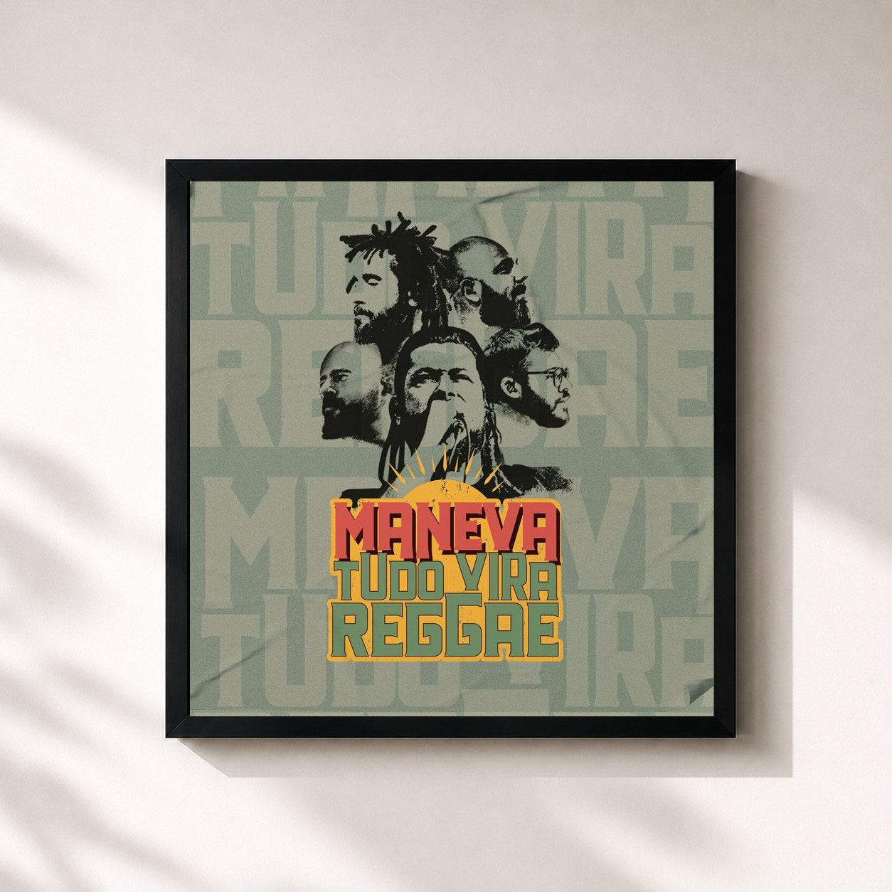 #noir Tableau carré de l'album Tudo Vira Reggae de Maneva, cadre noir 32x32 cm