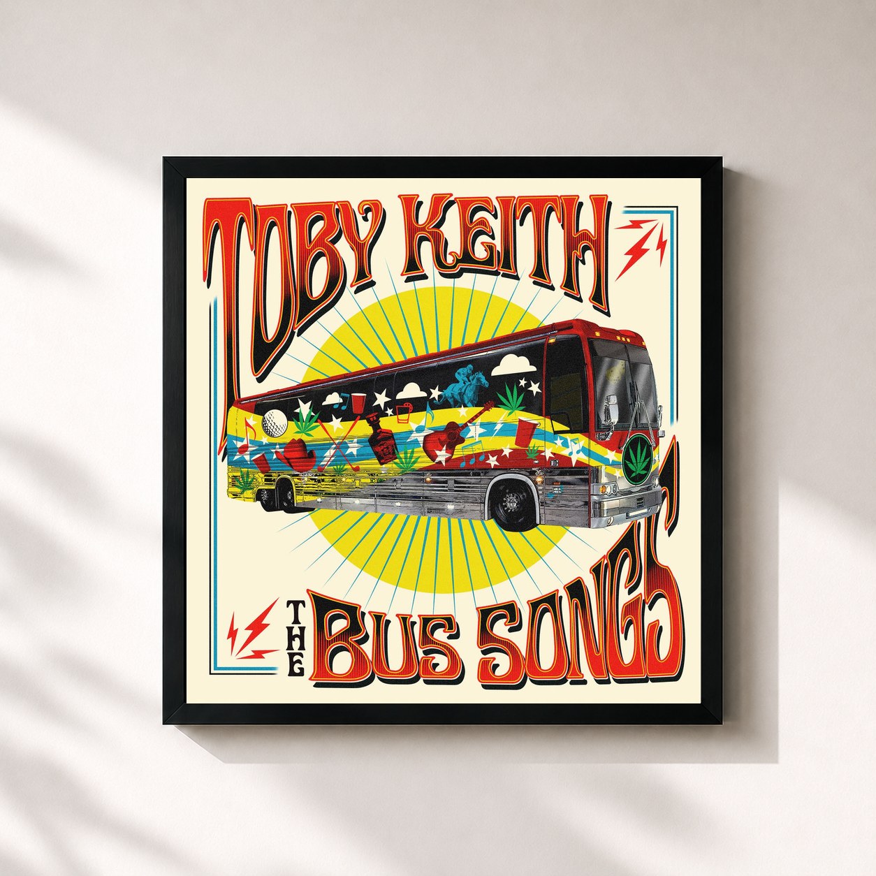 #noir Tableau carré de l'album The Bus Songs de Toby Keith, cadre noir 32x32 cm