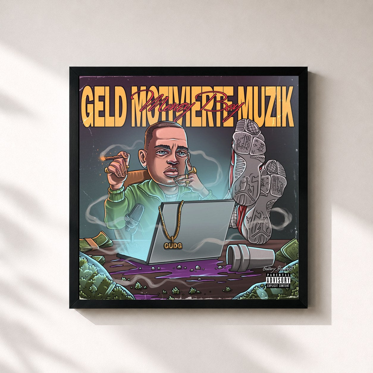 #noir Tableau carré de l'album Geld Motivierte Muzik de Money Boy, cadre noir 32x32 cm