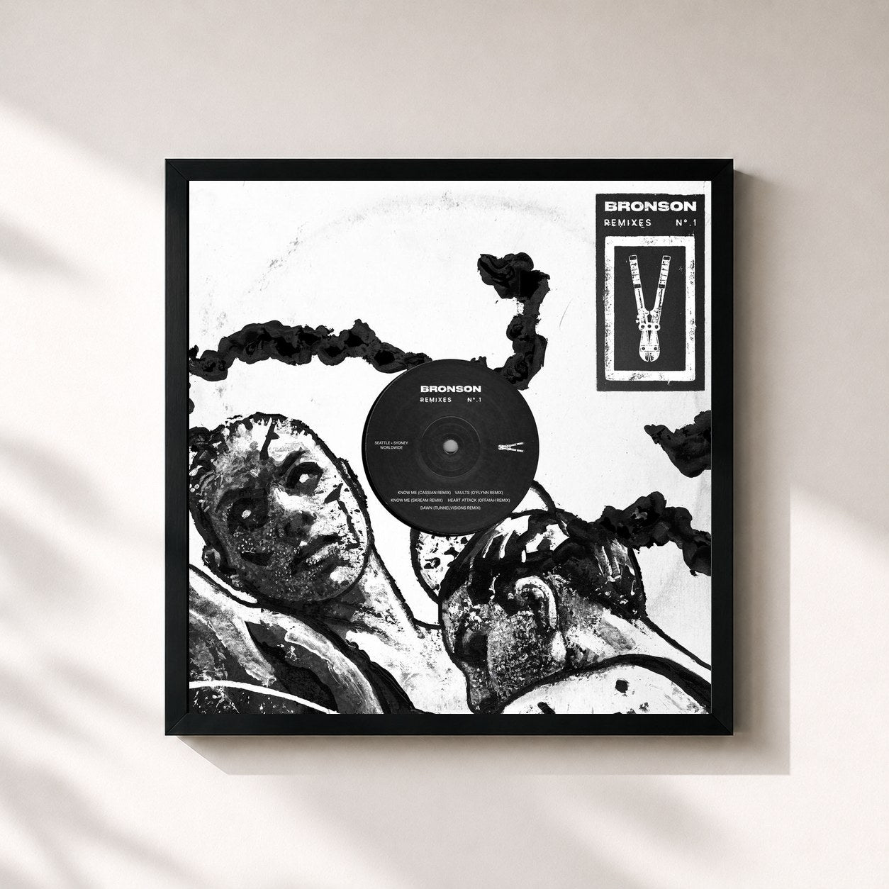 #noir Tableau carré de l'album BRONSON Remixes N°.1 de Bronson, cadre noir 32x32 cm
