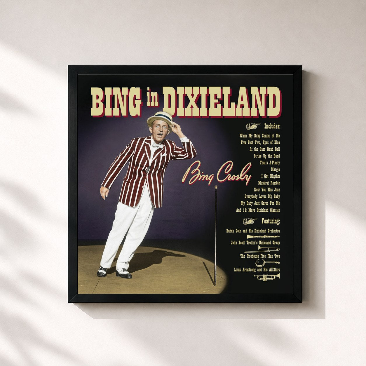 #noir Tableau carré de l'album Bing In Dixieland de Bing Crosby, cadre noir 32x32 cm