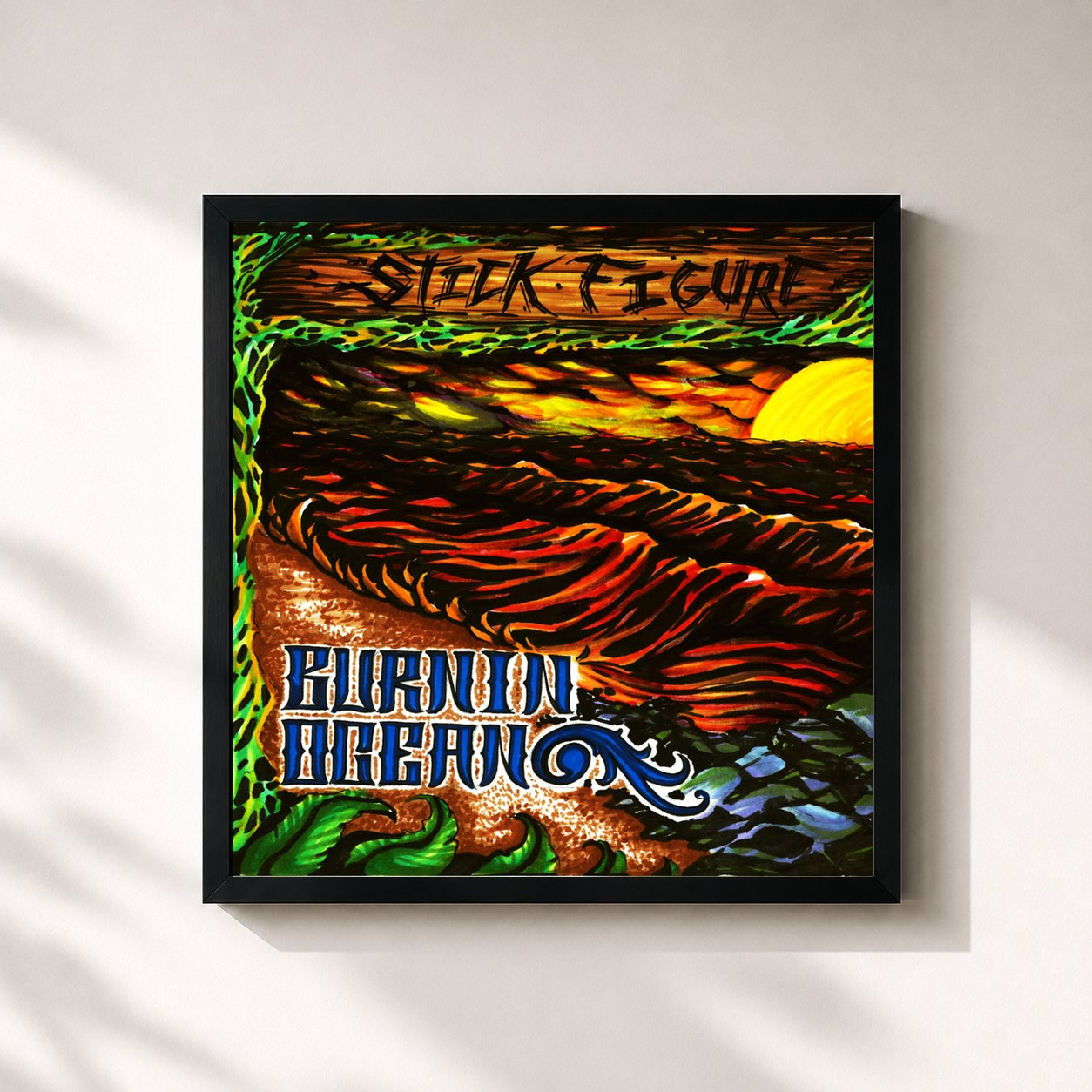 #noir Tableau carré de l'album Burnin' Ocean de Stick Figure, cadre noir 32x32 cm