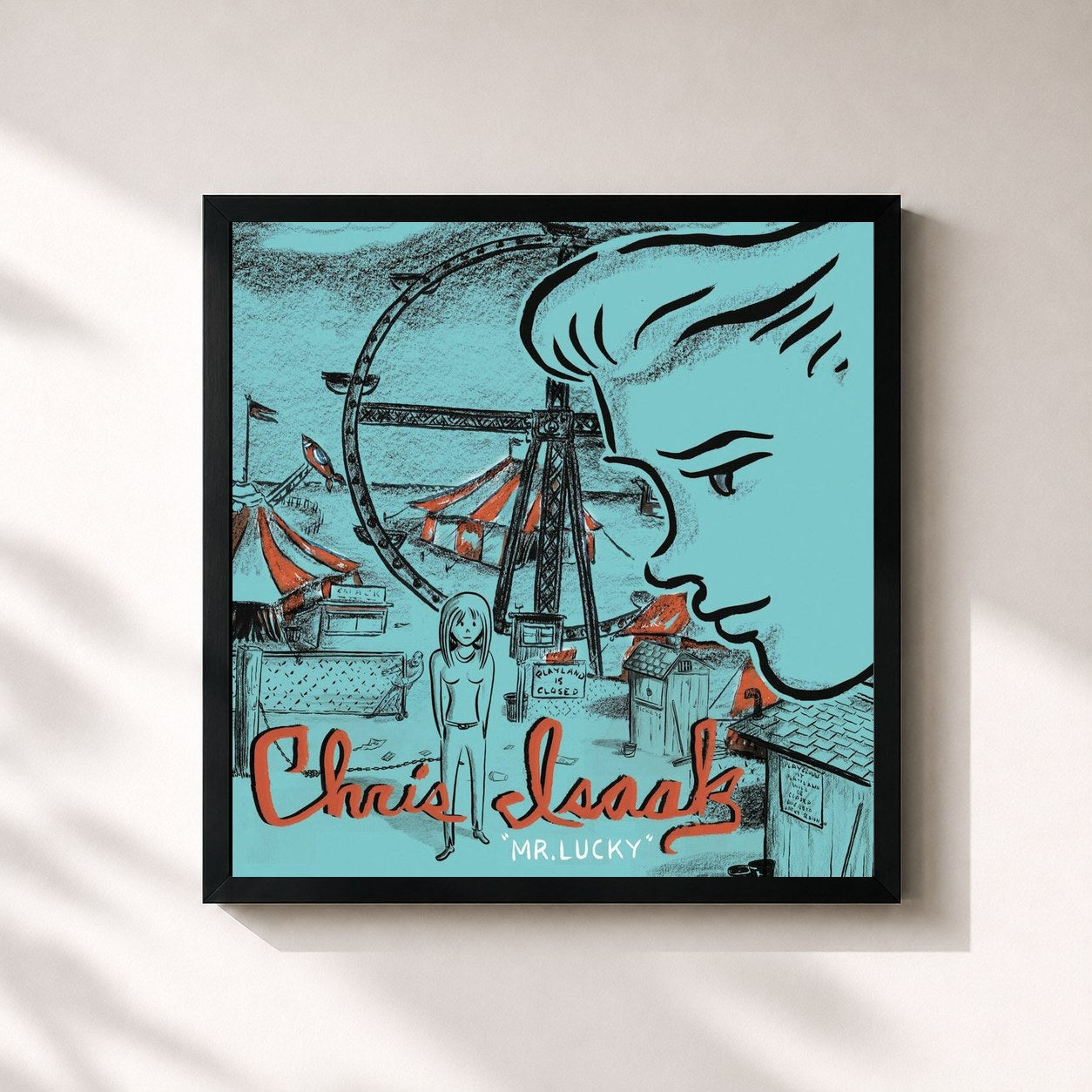 #noir Tableau carré de l'album Mr. Lucky de Chris Isaak, cadre noir 32x32 cm