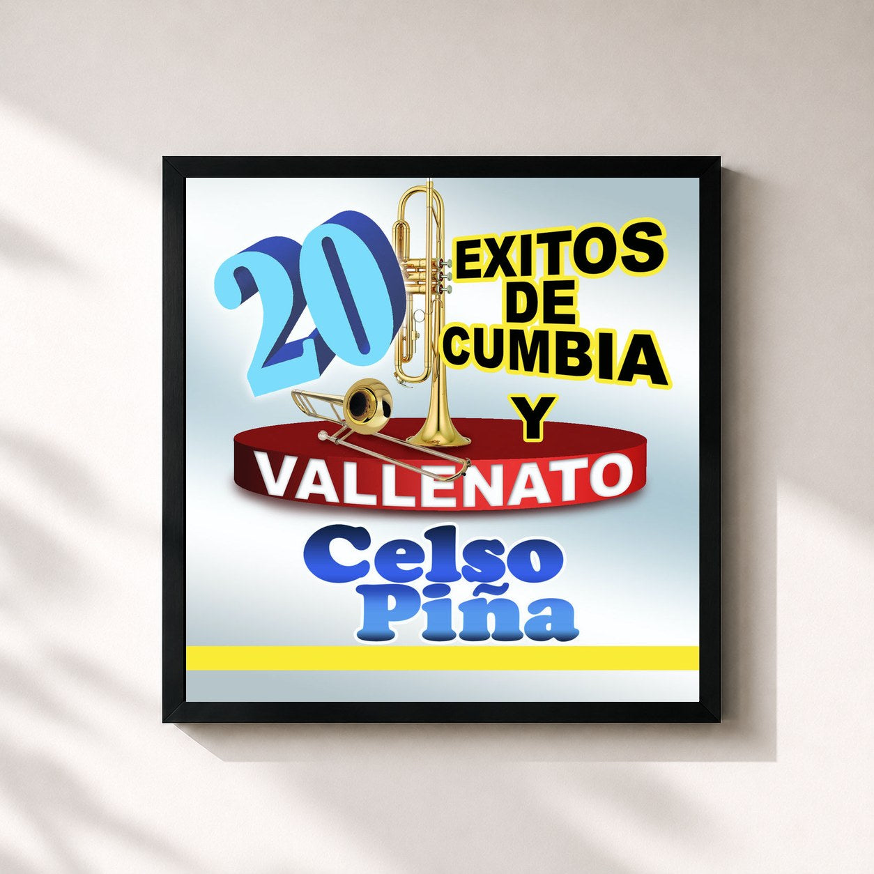 #noir Tableau carré de l'album 20 Exitos De Cumbias Y Vallenato de Celso Piña, cadre noir 32x32 cm