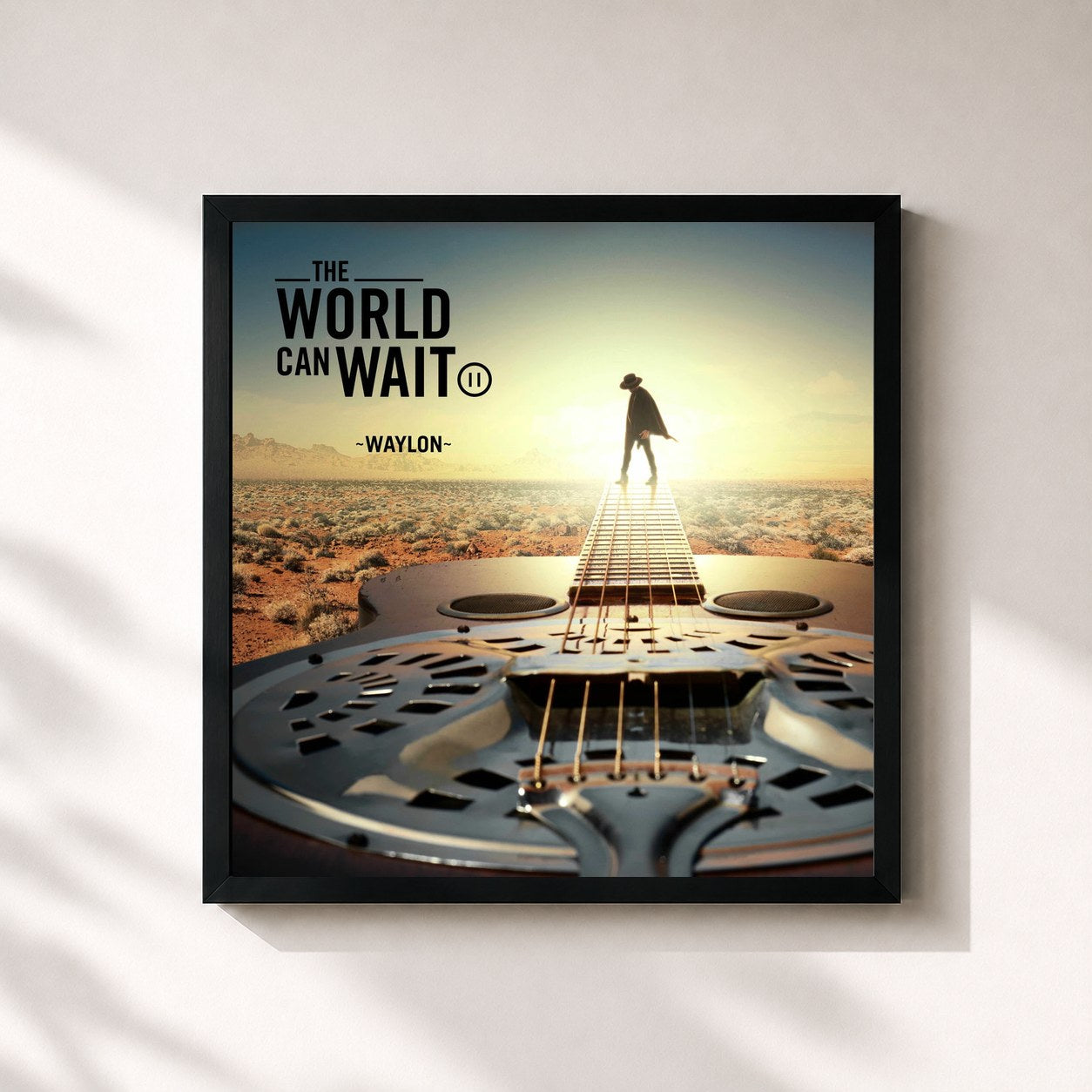 #noir Tableau carré de l'album The World Can Wait de Waylon, cadre noir 32x32 cm