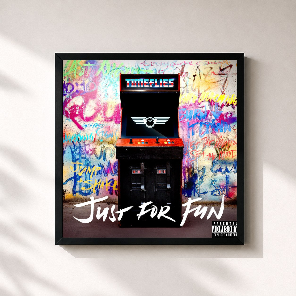 #noir Tableau carré de l'album Just For Fun de Timeflies, cadre noir 32x32 cm