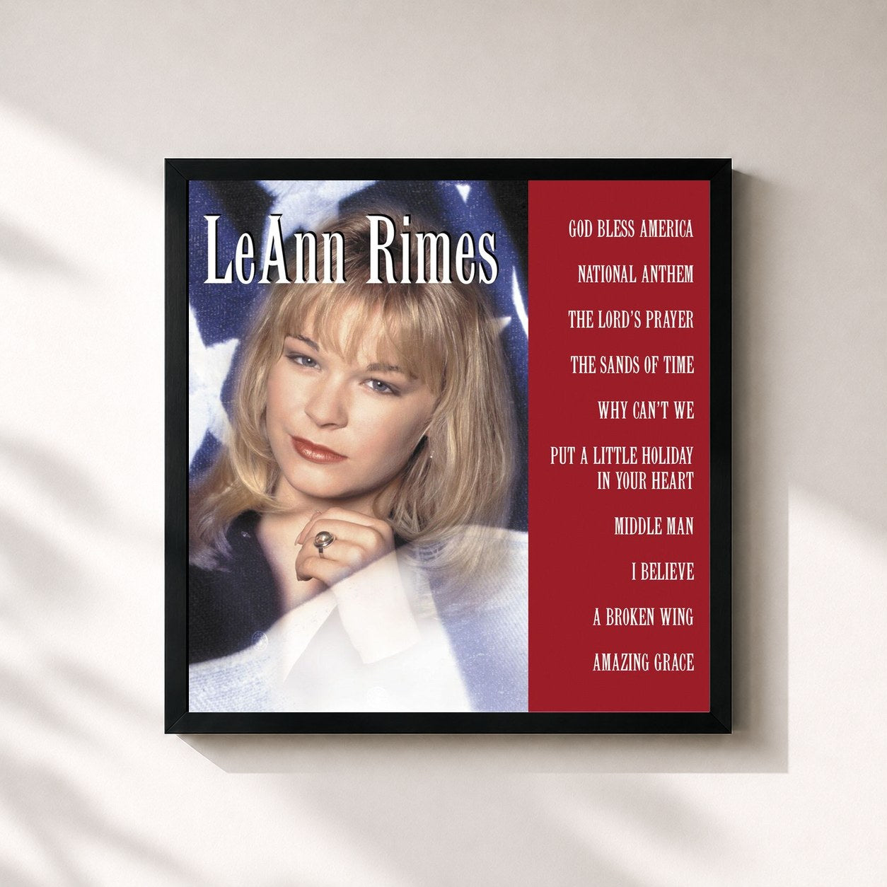 #noir Tableau carré de l'album God Bless America de LeAnn Rimes, cadre noir 32x32 cm