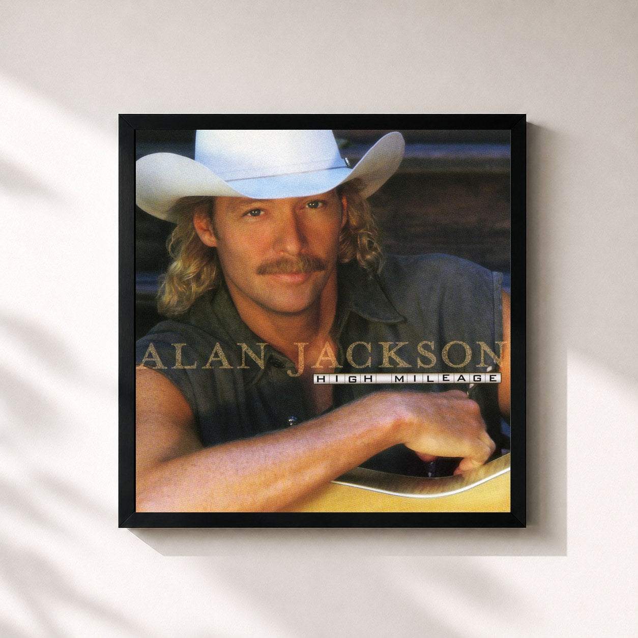 #noir Tableau carré de l'album High Mileage de Alan Jackson, cadre noir 32x32 cm
